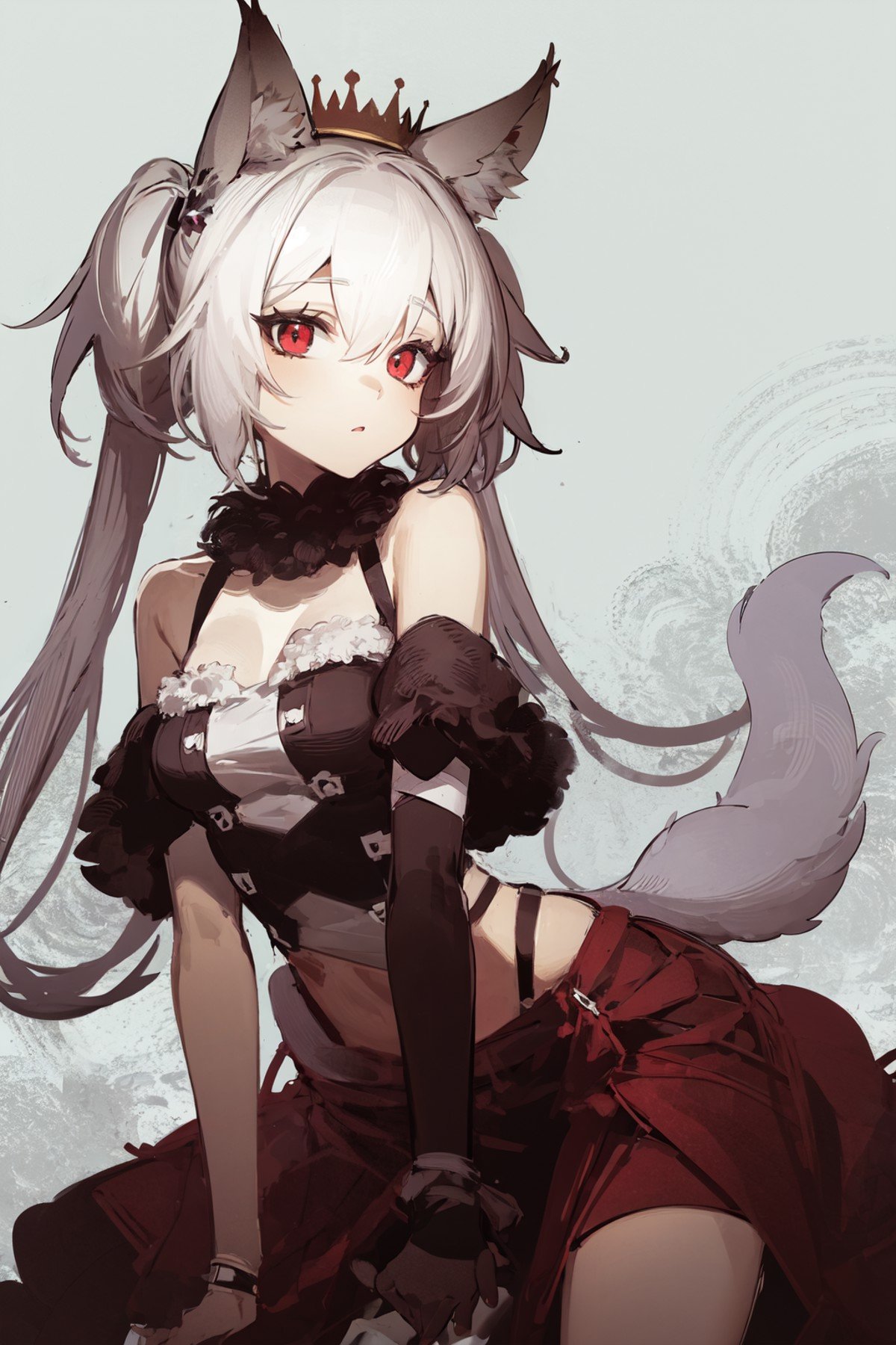 masterpiece, best quality, extremely detailed, detailed background, detailed face, animal ears, 1girl, fox ears, long hair, red eyes, fox girl, tail, fox tail, very long hair, twintails, white hair, animal ear fluff, crown, low twintails, fur trim