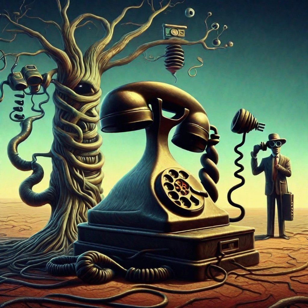 style surreal telephone ,rooted television , bar, man, woman    8 k