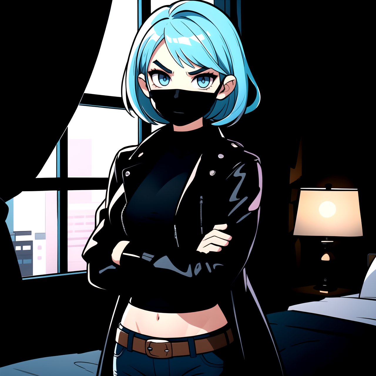 chibi, cute, colorful, saturated tones, thick lines, | centered, upper body, standing, solo, woman, (arms crossed), (looking at viewer), | (cinematic light), | short hair, light blue eyes, (beautiful detailed eyes), aqua hair color, | (black mouth mask), (open black coat), leather coat, black crop top, midriff, navel, groin, long black jacket, open jacket, lowleg tight jeans, belt, bedridden, frowning, home background, detective girl, gradient, warm light, gloomy atmosphere, long sleeves, looking at viewer, evening, black pants, breasts, evening, v-shaped eyebrows, soft light background, | large window, city view