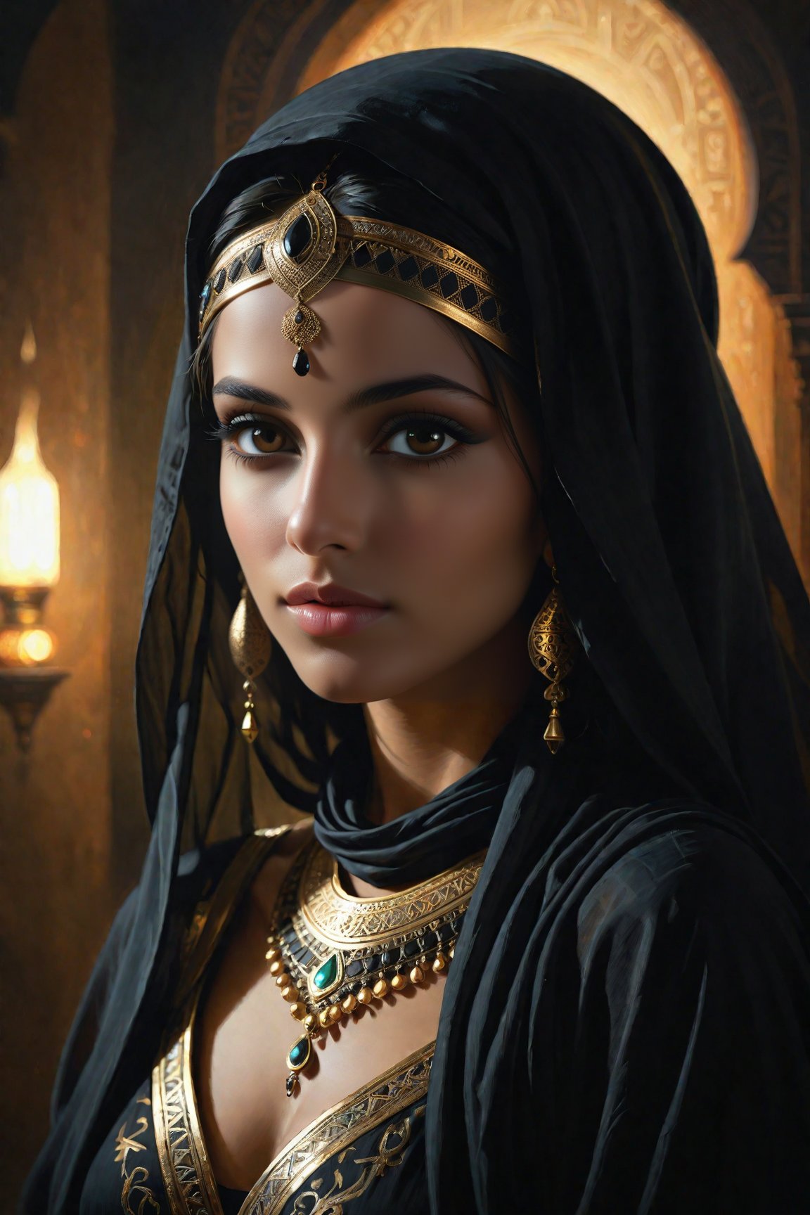 cinematic film still high quality, facing camera, face front, black over black, Ancient Arabian costume, beautiful girl, side soft light, Dark environment, black over black, highly detailed, oil on canvas . shallow depth of field, vignette, highly detailed, high budget, bokeh, cinemascope, moody, epic, gorgeous, film grain, grainy