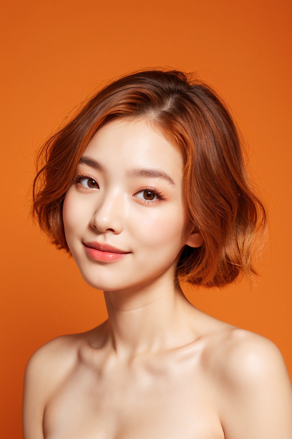 korean russian woman,  bob hair,  upper body,  light smile,  makeup,  (nude,  nipples),  orange background,  (oily skin:1.2),  (front view:1.2)