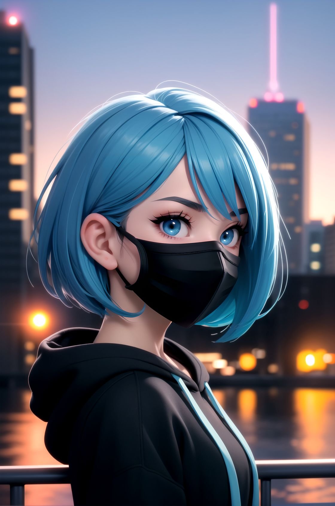 centered, masterpiece, face portrait, | 1girl, solo, aqua hair color, short hairstyle, light blue eyes, | (black mouth mask:1.2), dark blue hoodie, | city lights, sunset, buildings, urban scenery, | bokeh, depth of field,