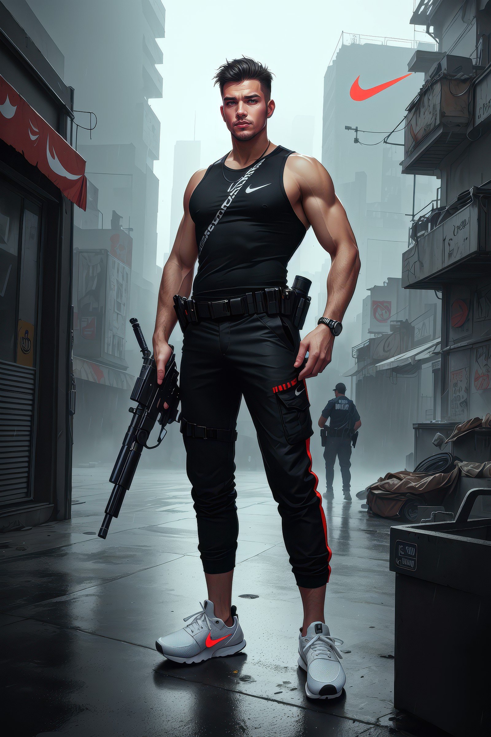 A broad shouldered, muscular man wearing Acronym p-31 Ds pants and Sleeveless shirt and Nike Acronym presto sneakers, rooftop, sniper rifle stationed in background, Police sirens shining in far background, high quality, digital art, dirty cyberpunk city, rain, greg rutkowski