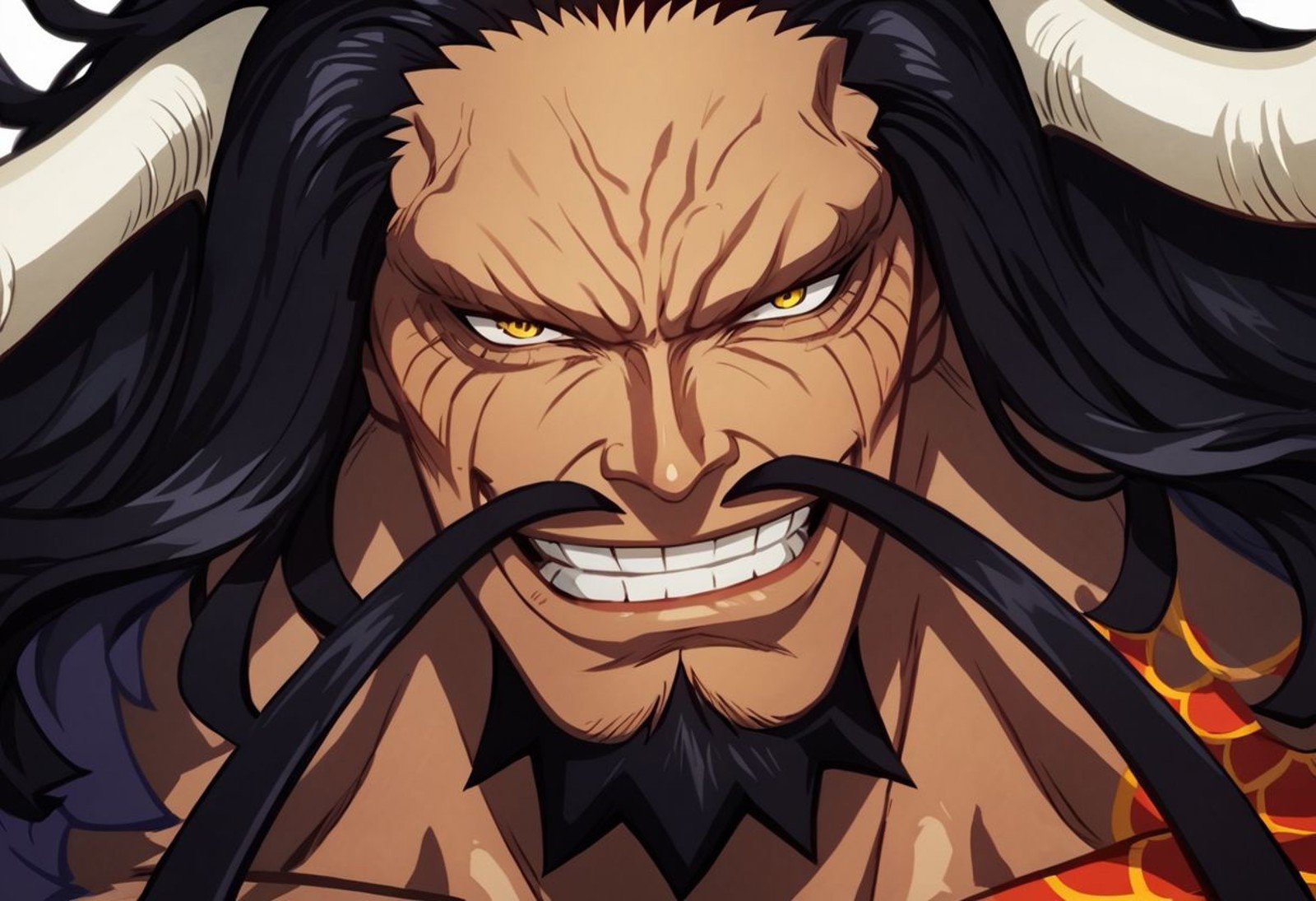 score_9, score_8_up, score_7_up, score_6_up, score_5_up, score_4_up, source_anime, 1boy, man, Kaido, Giant, Long hair, Black hair, Yellow Eyes, tattoo, long mustache, beard, curved horns, shirtless, wrinkles, muscular, pectorals, dark skin, portrait, veiny, headshot, close up, detailed, grin, glare, thick lineart, highest quality, stylized, detailed face, looking at viewer, perfect face