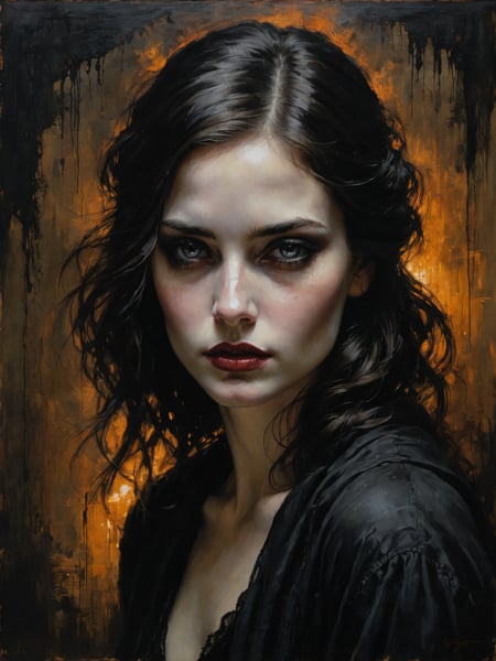 In Casey Baugh's evocative style, a Gothic girl emerges from the depths of darkness, her essence a captivating blend of mystery and allure. With piercing eyes and flowing ebony hair, she exudes an enigmatic presence that draws viewers into her world. Baugh's brushwork infuses the painting with a unique combination of realism and abstraction, highlighting the girl's delicate features and contrasting them against a backdrop of deep, rich hues. The interplay of light and shadow adds depth and dimension to the artwork, creating a hauntingly beautiful portrayal of this Gothic muse. Baugh's distinctive style captures the essence of the girl's enigmatic nature, inviting viewers to explore the depths of her soul. Signature