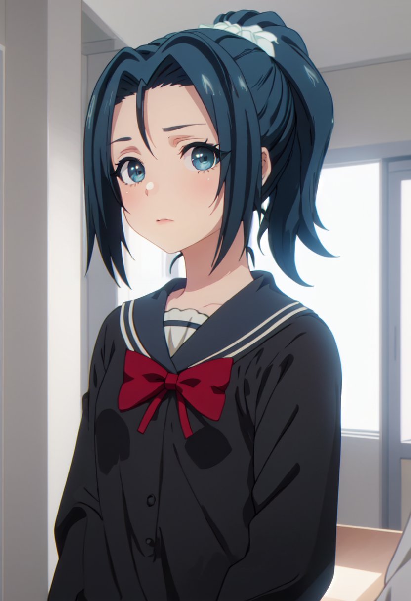 best quality, masterpiece, highres, solo, (hina_hanetachi_areyoutheonlyonewholovesme:1.10), 1girl, red bowtie, sailor collar, serafuku, upper body, indoors, long sleeves, blush, looking at viewer, anime_style, 1 <lora:hina_hanetachi_areyoutheonlyonewholovesme:0.80>