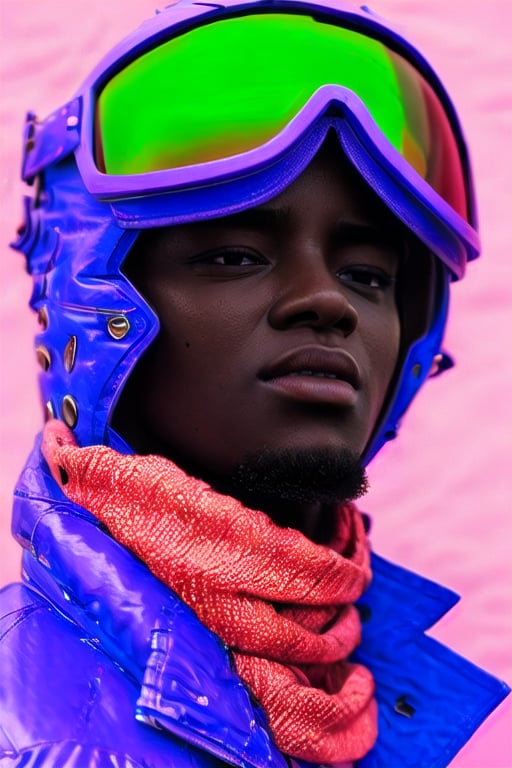 Black Art, 1boy,  brown eyes,  jacket, male focus,  dark skin , scarf,  Sweater,  turtleneck,  Pink background,  portrait,  goggles,  white teeth, goggles on the head,  realistic, nose,<lora:EMS-297755-EMS:1.000000>