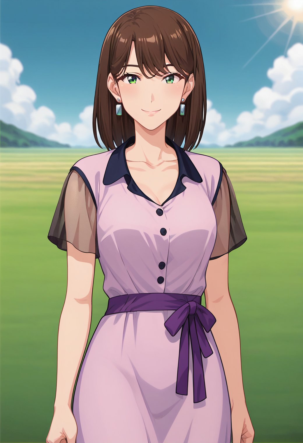 girl, solo, cowboy shot, smile, closed mouth, (field:1.2), sky, sunlighttantei1_yukiko, green eyes, brown hair, medium hair, mature female, earrings, collarbone, purple dress, see-through sleeves, short sleeves, <lora:tantei1_yukiko_base1:0.8> <lora:tantei1_yukiko_pony_ver1:0.8>, score_9, score_8_up, score_7_up, BREAK source_anime, best quality, masterpiece, uncensored,, anime, anime_screencap, animated gif, mp4, video, animated