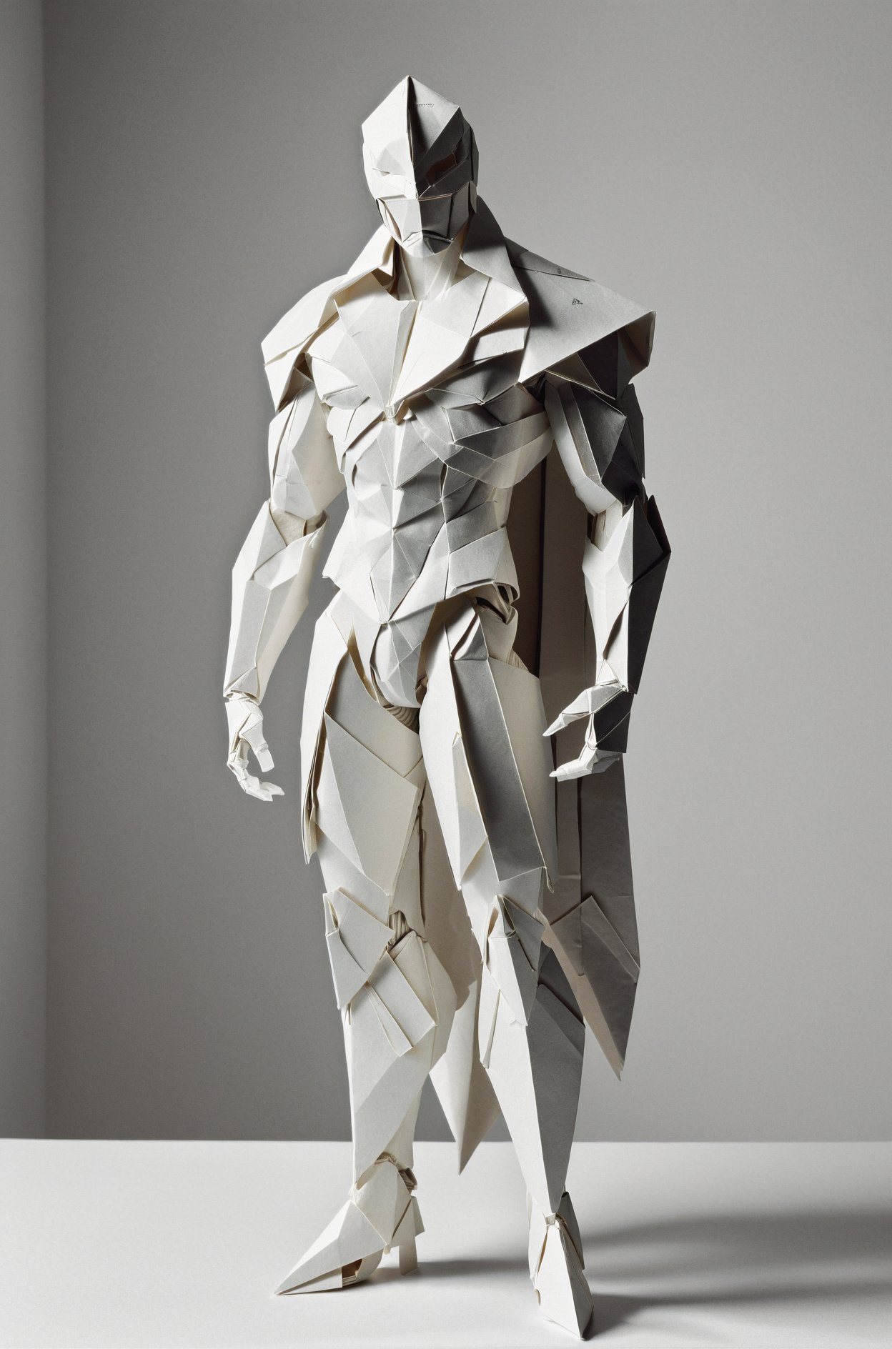 film grain texture,analog photography aesthetic,A monochromatic origami model of a humanoid figure, posed standing with its left arm extended, intricate folds mimic muscular definition and clothing drapery, contrast between sharp, angular creases and smoother planes suggests armored attire, grayscale hues with subtle shading enhancing the three-dimensional form, clean white background accentuates the figure's dark tones, minimalist composition focuses entirely on the paper sculpture's details, embodying both fragility and strength, evokes the aesthetic of modern, stylized superheroes or futuristic warriors.,