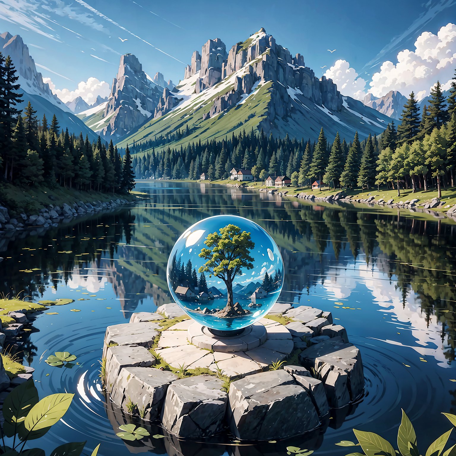small island inside a spherical crystal ball, prism-like reflections, floating in the water, centered, close-up, 8k, epic detailed, ultra highres, harmonious, symmetry, geometric, green nature, shot on kodak, 35mm photo, sharp focus, film grain, vivid, fantasy, full color, intricate, elegant, highly detailed, wonderful quality, dramatic light, (sharp focus), heavenly, structured, clear, artistic, beautiful, bright background, nature background, floating on lake water, blue water, blue sky, mountains afar, valley, intriguing, finest, creative, attractive, gorgeous