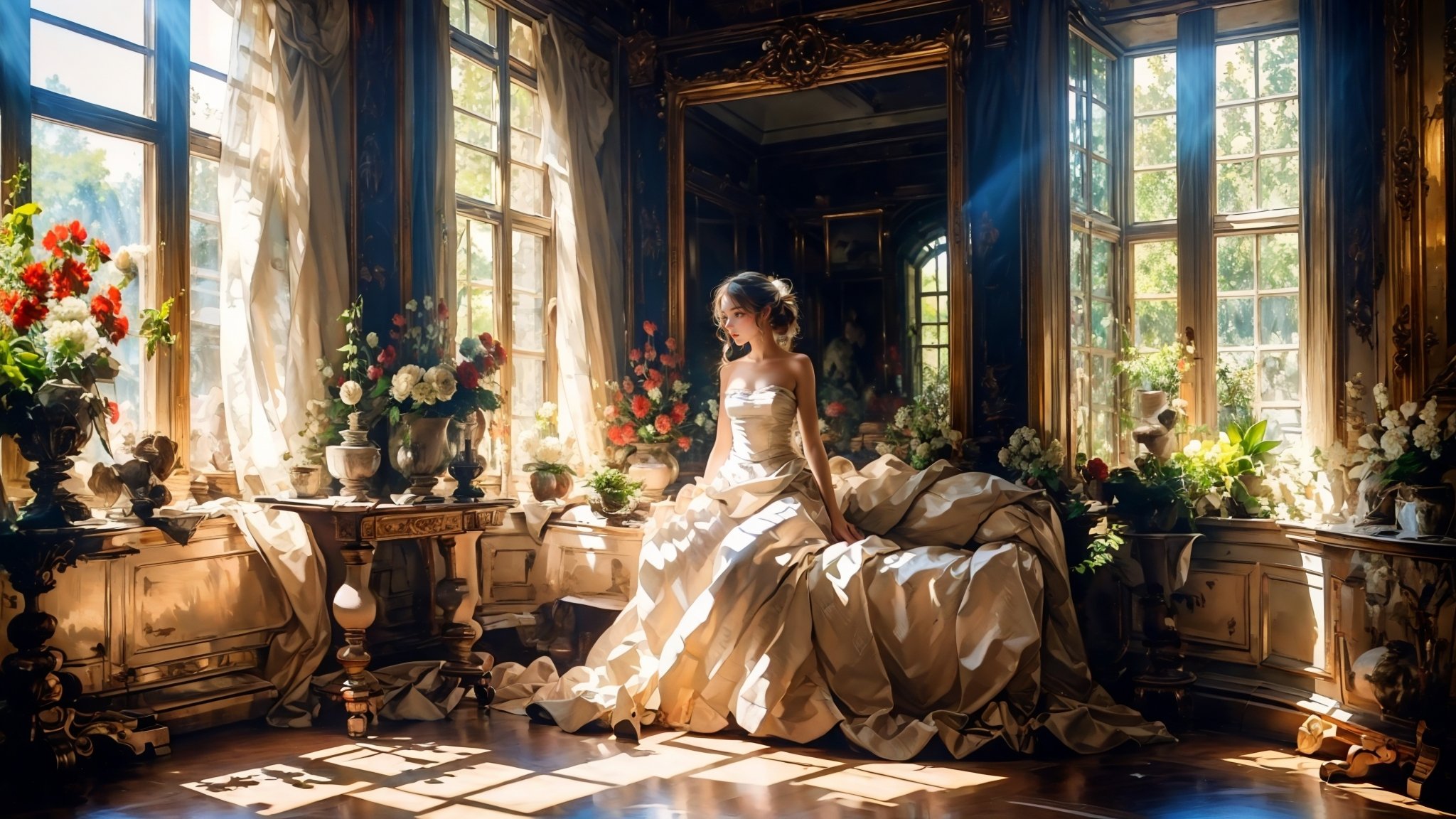 Rococo style，bare shoulders，strapless dress，sunbeam，sunlight，medium breasts,sitting，<lora:绪儿-洛可可油画风 Rococo style:1>