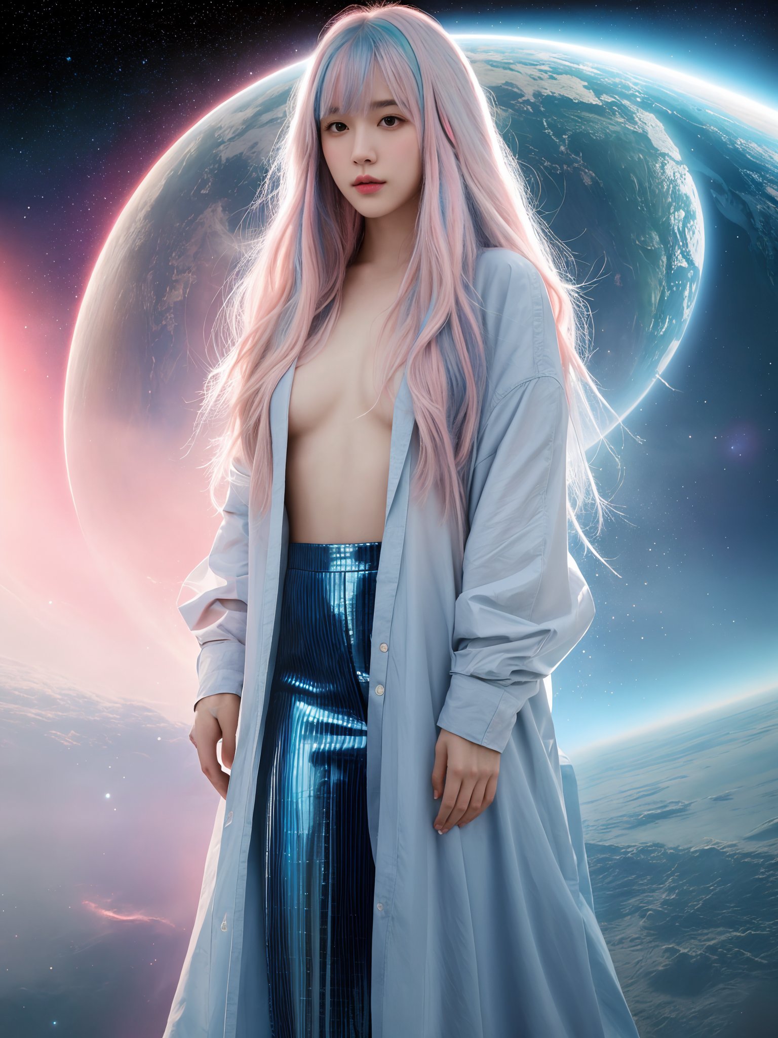 watercolor painting,(masterpiece, realistic:1.3), (extremely intricate:1.2),full body of a girl,sliver gradient hair,(sliver hair:1.1),(light blue hair:1.1),(pink hair:1.2),medium_shot,solo,long hair,, Science fiction style, futurism, space exploration, mechanical elements, interplay of light and shadow, cool tones, futuristic technology, a sense of otherness, mysterious atmosphere, visual impact, artistic innovation, thought-provoking, Best quality, masterpiece, ultra high res, (photorealistic:1.4),texture skin