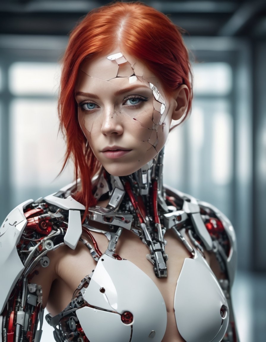 portrait of beautiful cyborg with white and red hair, intricate, elegant, highly detailed, 8k uhd hdr, majestic, digital photography, broken glass, soft natural lighting, detailed skin texture,