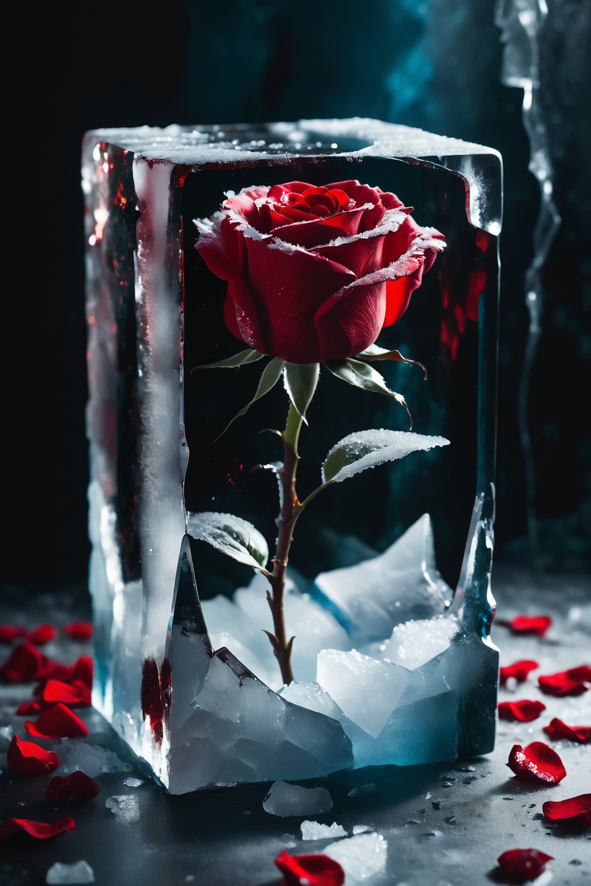 close-up photo of a beautiful red rose breaking through a cube made of ice, splintered cracked ice surface, frosted colors, colors dripping from rose, melting ice, Valentine’s Day vibes, cinematic, sharp focus, intricate, cinematic, dramatic light, mesmerizing, solo, vibrant, Masterpiece, (8k:1.5), perfect anatomy, enhanced resolution, best quality, enhanced details, best artist, sharp edges, detailed textures, ((full body shot)), atmospheric lighting, visually stunning, perfect composition, trending on behance<lora:EMS-345719-EMS:0.800000>, <lora:EMS-280847-EMS:0.600000>, <lora:EMS-58170-EMS:1.000000>, <lora:EMS-286559-EMS:0.800000>
