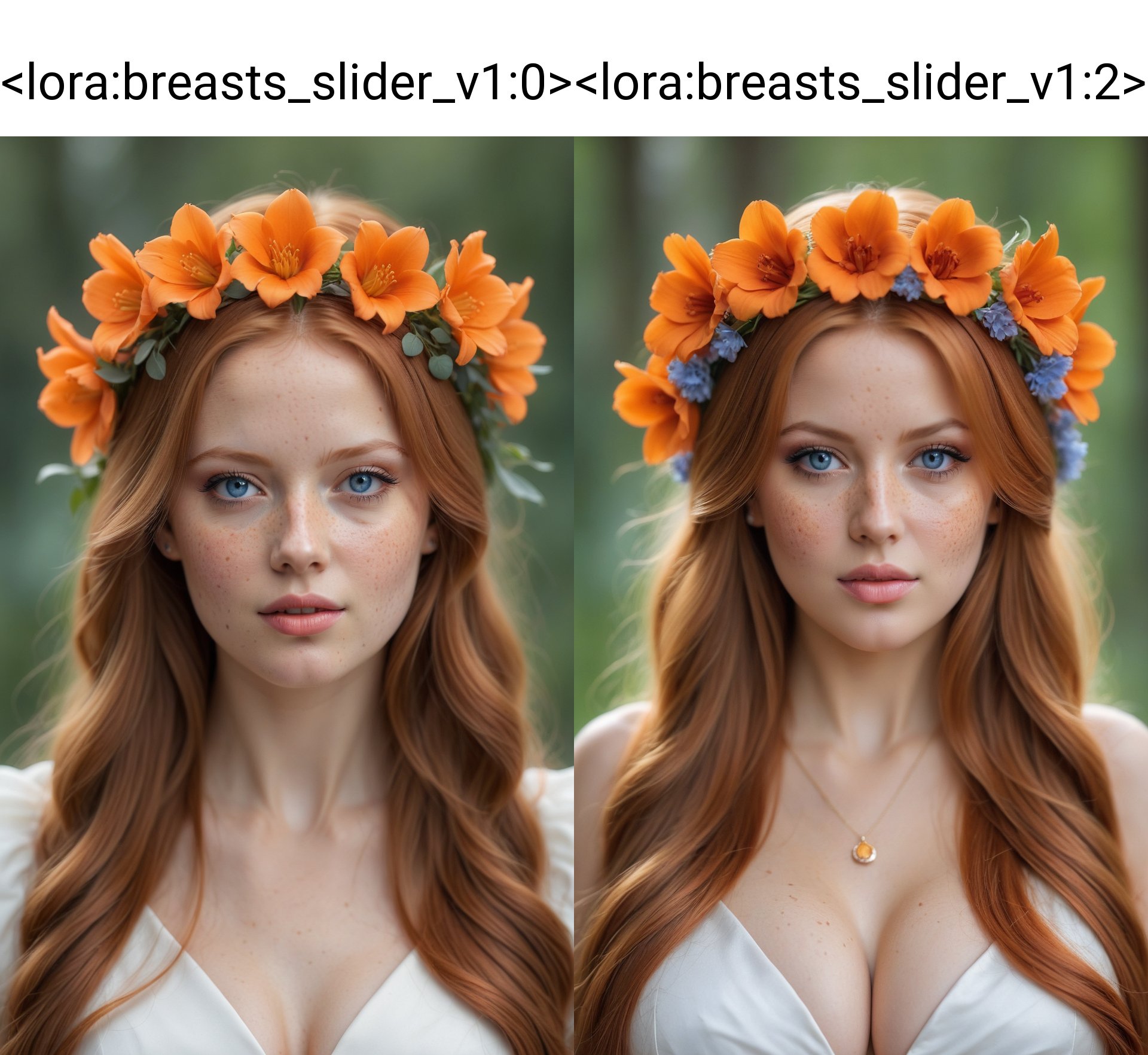(best quality, 4k, 8k, highres, masterpiece:1.2), ultra-detailed, (realistic, photorealistic, photo-realistic:1.37),hyper realistic, 1girl,long hair,looking at viewer,realistic proportions,blue eyes,hair ornament,dress,very long hair,flower,red hair,parted lips,necklace,white dress,orange hair,lips,blurry background,freckles,realistic,head wreath,orange flower,realistic<lora:breasts_slider_v1:0>