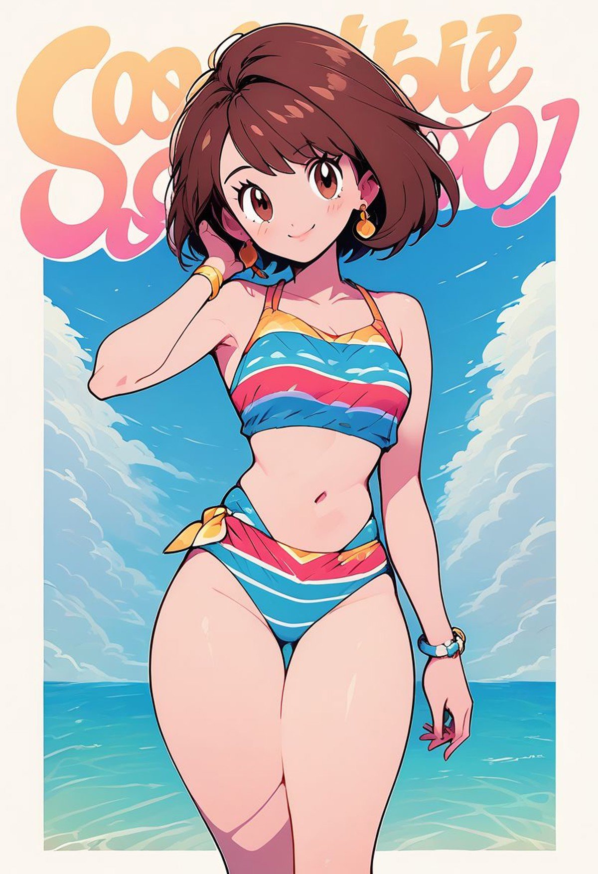 score_9, score_8_up, score_8, medium breasts, (curvy), cute, eyelashes,       gloria (pokemon), brown hair, brown eyes, 1girl, solo, looking at viewer, blush, smile, navel, jewelry, closed mouth, standing, swimsuit, cowboy shot, bikini, earrings, bracelet, sandals, multicolored clothes, multicolored bikini, text, text in background, zPDXL,