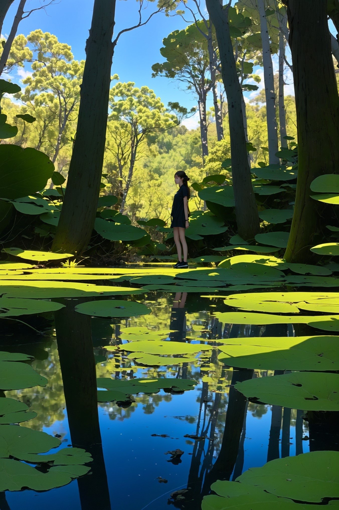 swamp，(wide shot, wide-angle lens,Panoramic:1.2),super vista, super wide Angle，Low Angle shooting, super wide lens, Scenery, huge trees，(dramatic, gritty, intense:1.4),masterpiece, best quality, 8k, insane details, intricate details, hyperdetailed, hyper quality, high detail, ultra detailed,1 girl, animal ears, forest, hunting, confident expression, sharp eyes, long flowing hair, camouflage headband, archery pose, drawing bowstring, quiver of arrows on back, agile movement, cautious footsteps, blending with nature, sunlight filtering through trees, serene atmosphere, birdsong, clear stream, attentive to surroundings, harmonious connection with wildlife，<lora:绪儿-巨树沼泽 swamp:0.8>