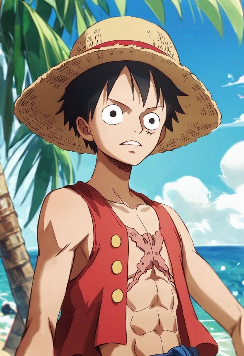 score_9, score_8_up, score_7_up ,score_6_up,  Luffy  in the beach ,nocap,  ultra detailed background,  best drawing,  master piece , 8k,solo, detailed face 