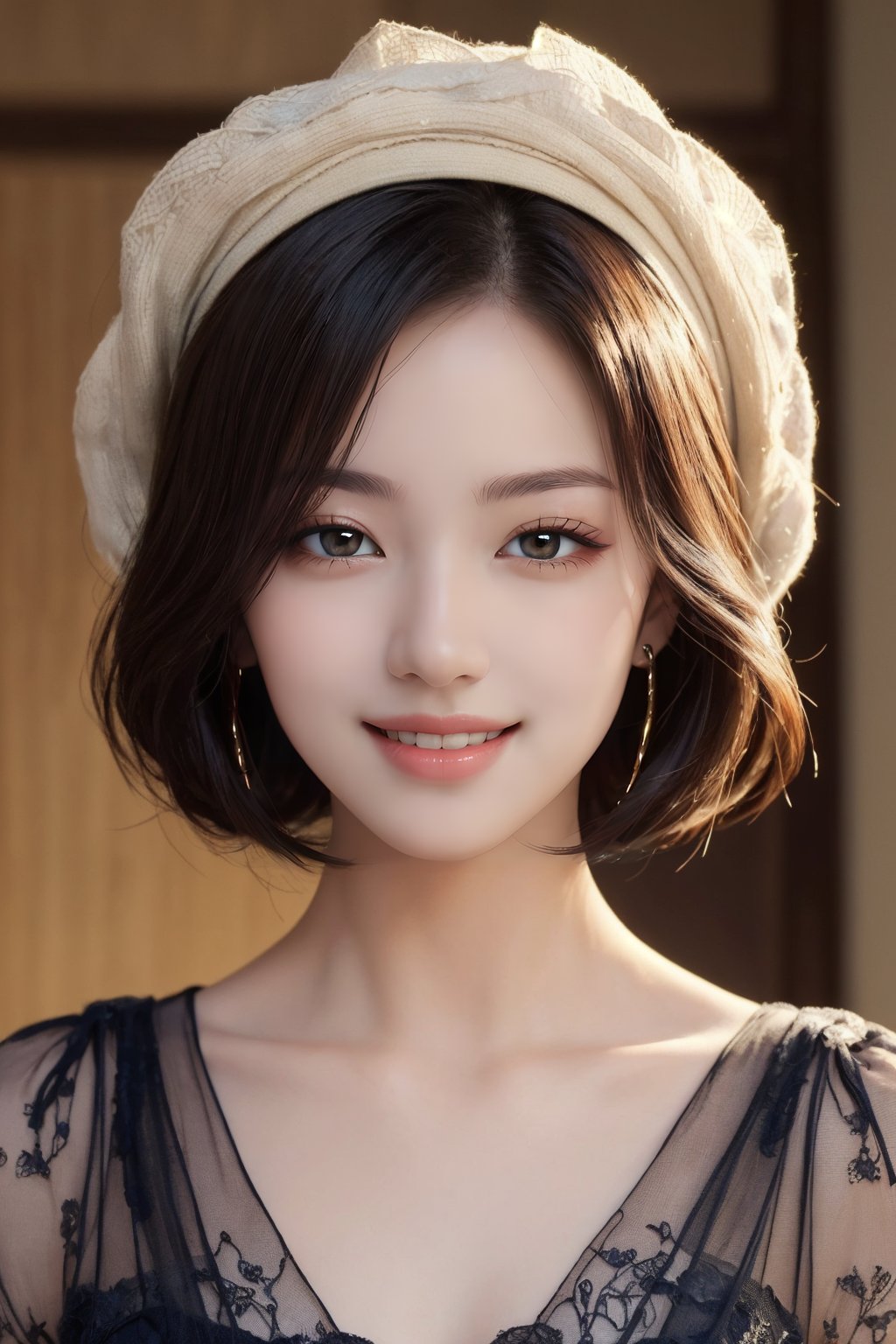 1girl, detailed gorgeous face, (masterpiece, best quality:1.5), cryptic, smiling,, (masterpiece,best quality:1.5)