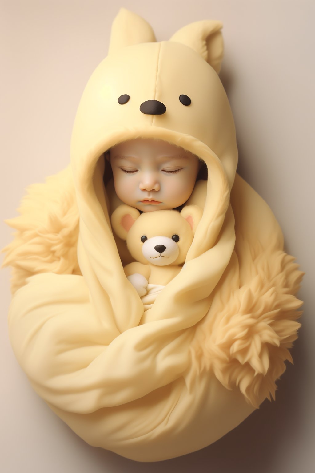 <lora:婴儿写真:0.8>,baby,swaddle,eyes closed,yellow shade,a furry toy,