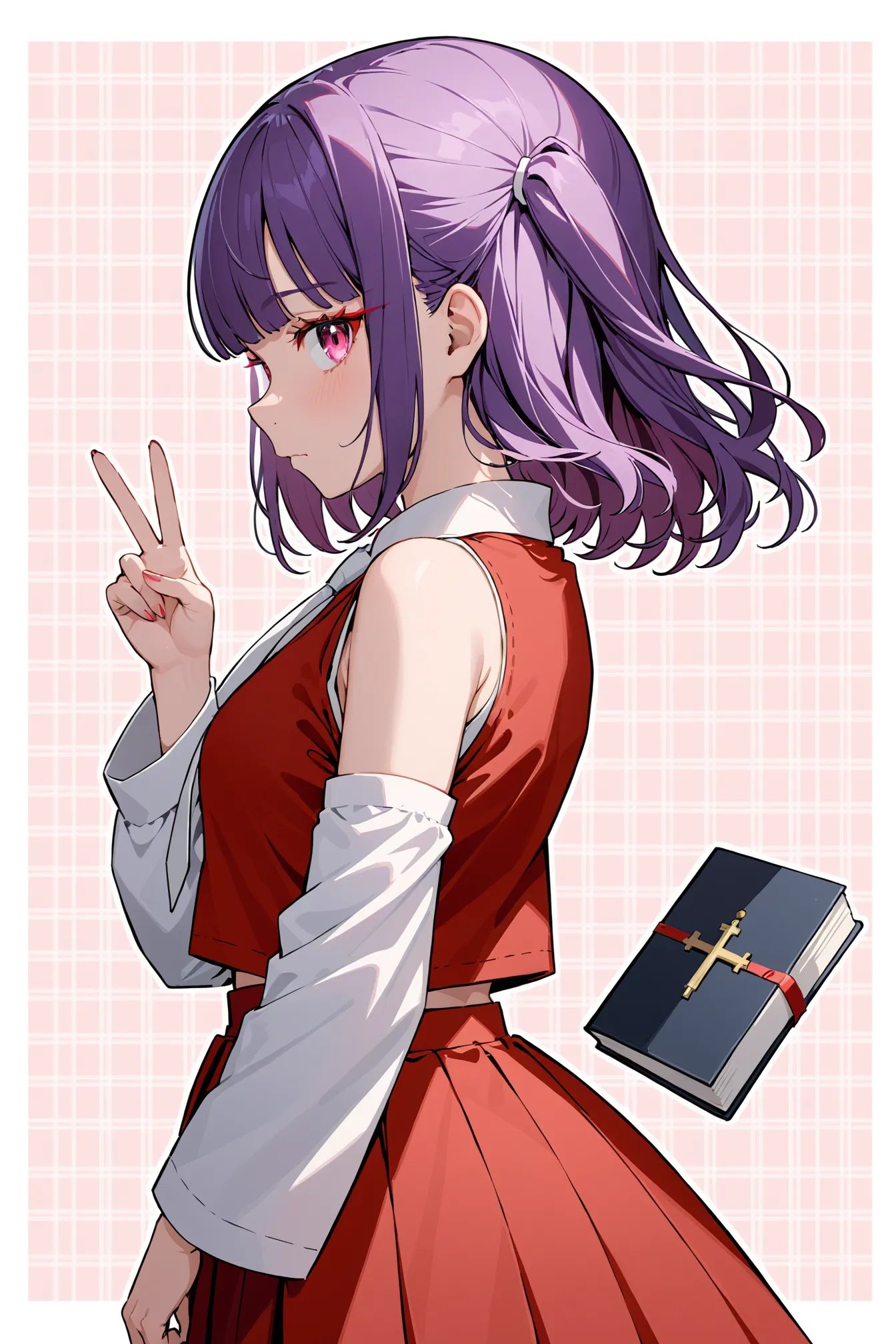 1girl, solo, masterpiece, best quality, blunt bangs, book, closed mouth, colored eyelashes, cross, cropped shirt, dragon girl, detached sleeves, facing away, from side, long sleeves, looking at viewer, mary janes, plaid, plaid background, pink eyes, purple hair, red kimono, red skirt, shirt tucked in, simple background, skirt, syringe, two side up, wavy mouth, upper body, v, white background, white necktie