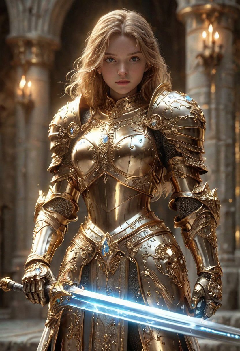 amazing quality, masterpiece, best quality, hyper detailed, ultra detailed, UHD, perfect anatomy, (in castle:1.2),girl knight, holding a sword, dazzling ,transparent ,polishing, (1 arm up),waving sword, gold armor, glowing armor, glowing eyes, full armor, shine armor, dazzling armor, <lora:HKStyle:0.85>, HKStyle,<lora:add-detail-xl:0.75>,<lora:quality1:0.75>,<lora:extremely_detailed:0.6>, extremely detailed, <lora:ral-bling-sdxl:0.7> ral-bling,