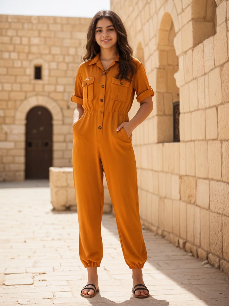 best quality, whole-body a young girl 18yo skin skin-color color stand in palestine, jumpsuit, General_Camera  135mm f1.8 len, realistic