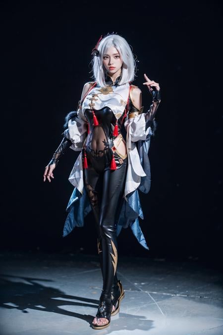 best quality, masterpiece, photorealistic, 1girl, solo, standing, arms at side, full body, looking at viewer, closed mouth, hair between eyes, expressionless, shenhe cosplay costume, cosplay, white hair, black bodysuit, breast curtain, shoulder cutout, partially fingerless gloves, hip vent, tassel, toeless footwear, simple background, <lora:genshin_Shenhe_cosplay_v1:0.7>
