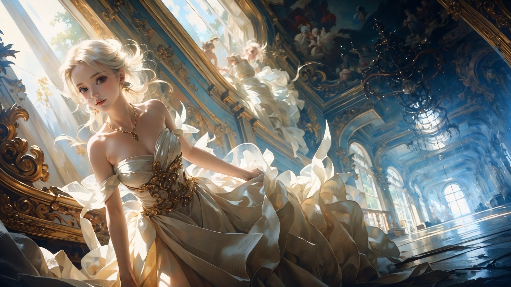Low Angle shooting, super wide lens,Rococo style，solo, bare shoulders，strapless dress，sunbeam，sunlight，medium breasts,curtains，tree，light rays，reflection，long hair，White hair, babydoll,A shot with tension，(Visual impact,giving the poster a dynamic and visually striking appearance:1.2),impactful picture,<lora:绪儿-洛可可油画风 Rococo style:0.8>Trapeze,necklace,earrings,