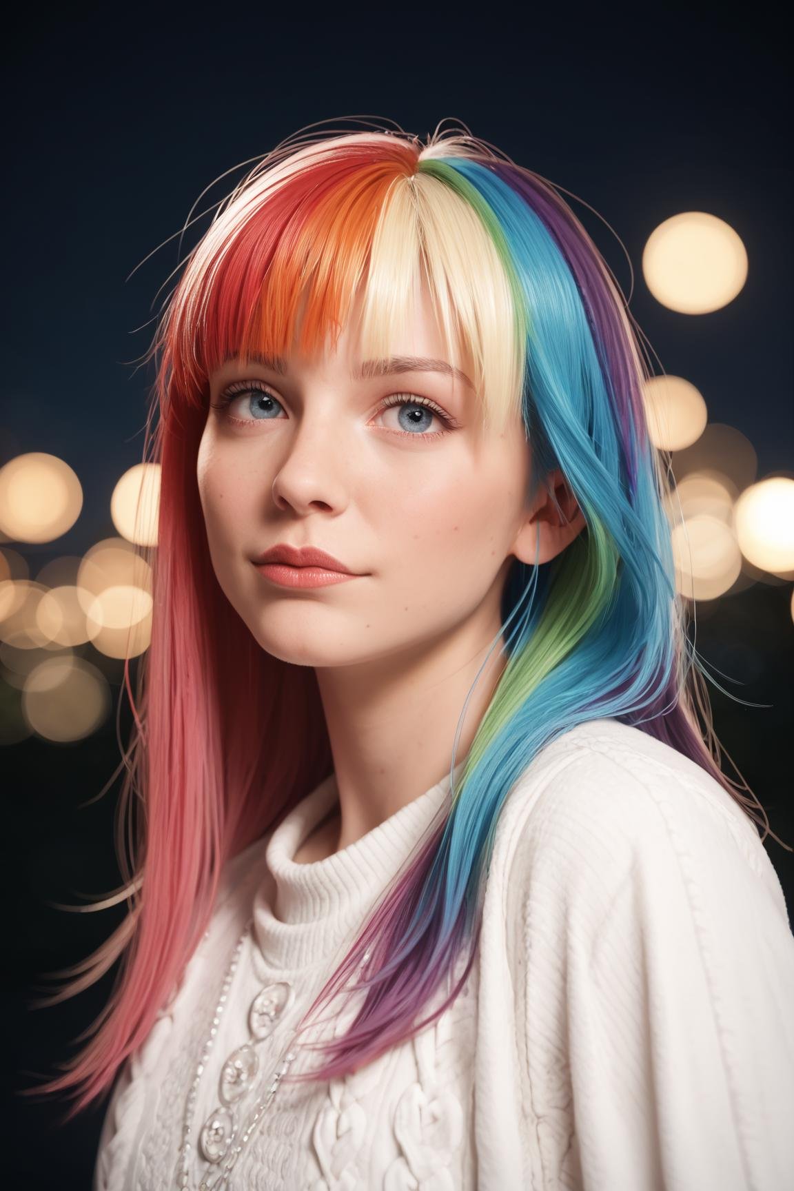 zPDXL2, zPDXLpg, zPDXLrl, beautiful girl with vivid (rainbow dye, colored hair:1.3), long hair, bangs, at a carnival at night, wearing a white sweater, realistic photograph, professional photographer, depth of field, bokeh