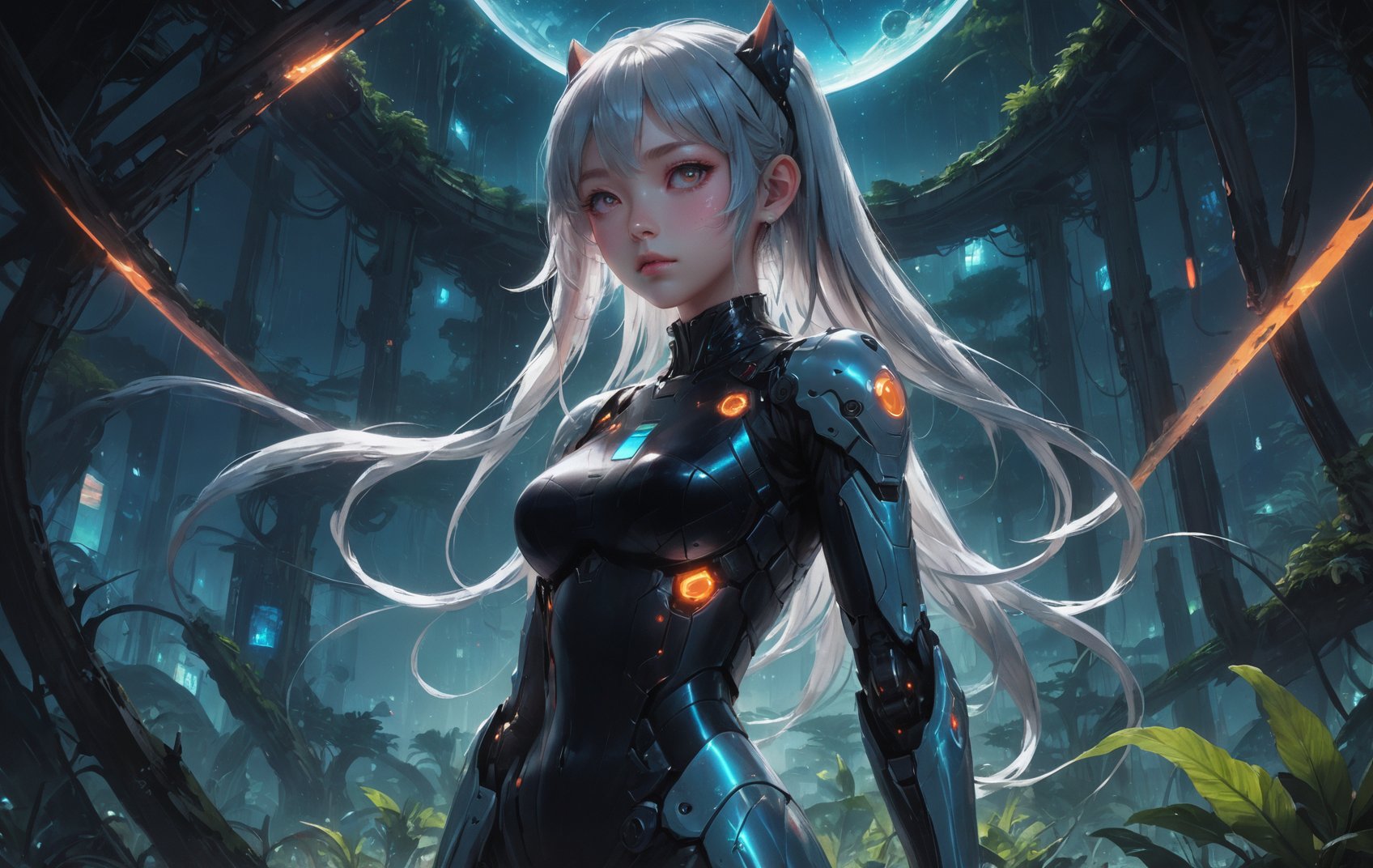 anime style, 1girl, blunt bangs, high ponytail, silver hair, pointy ears, in the depths of a bioluminescent alien jungle, [evangelion:cyberpunk edgerunners:0.5], reflective transparent iridescent opaque clothing, long sleeves, flowing dress, long skirt, very aesthetic, highres, 4k, 8k, intricate detail, cinematic lighting, amazing quality, amazing shading, detailed Illustration, official artwork, wallpaper, official art, extremely detailed eyes and face, beautiful detailed eyes, from below, full body, thigh gap, <lora:aesthetic_anime_v1s:1>