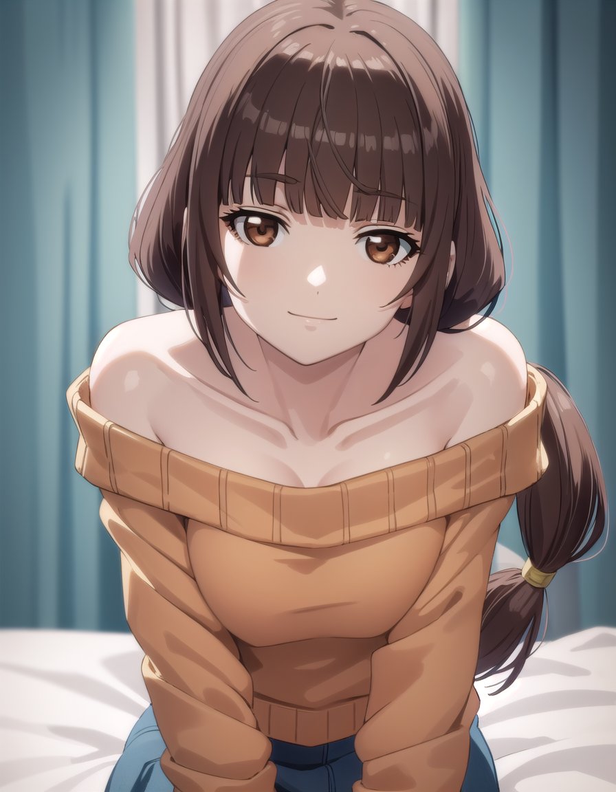 emiruikuno, <lora:emiru ikuno-lora-nochekaiser:1>,emiru ikuno, long hair, brown hair, ponytail, (brown eyes:1.5), bangs, blunt bangs, low-tied long hair,BREAK skirt, bare shoulders, off shoulder, sweater, orange shirt, off-shoulder sweater, collarbone,BREAK indoors, bed, bed room,BREAK looking at viewer, (cowboy shot:1.5), smile,BREAK <lyco:GoodHands-beta2:1>, (masterpiece:1.2), best quality, high resolution, unity 8k wallpaper, (illustration:0.8), (beautiful detailed eyes:1.6), extremely detailed face, perfect lighting, extremely detailed CG, (perfect hands, perfect anatomy),