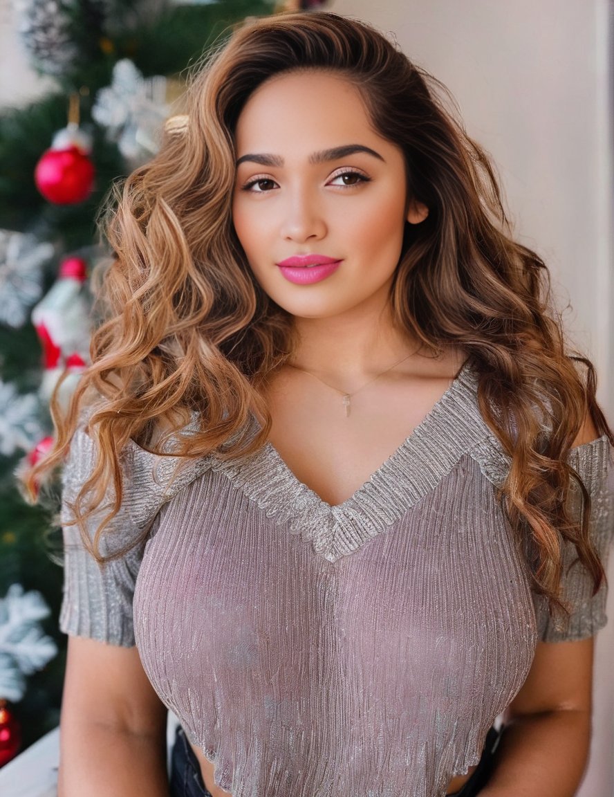 AditiMistry,<lora:AditiMistrySDXL:1>,An image of a young woman with a glowing complexion and honey blonde wavy hair. Her eyes are brightly colored, accentuated with natural makeup and mascara. She wears a subtle pink lipstick. Her attire includes a light gray off-the-shoulder cable knit sweater and a black sequined V-neck top underneath. The setting is wintery with a blurred snowy background, and the lighting is soft and diffuse, focusing on her face and the texture of her outfit.