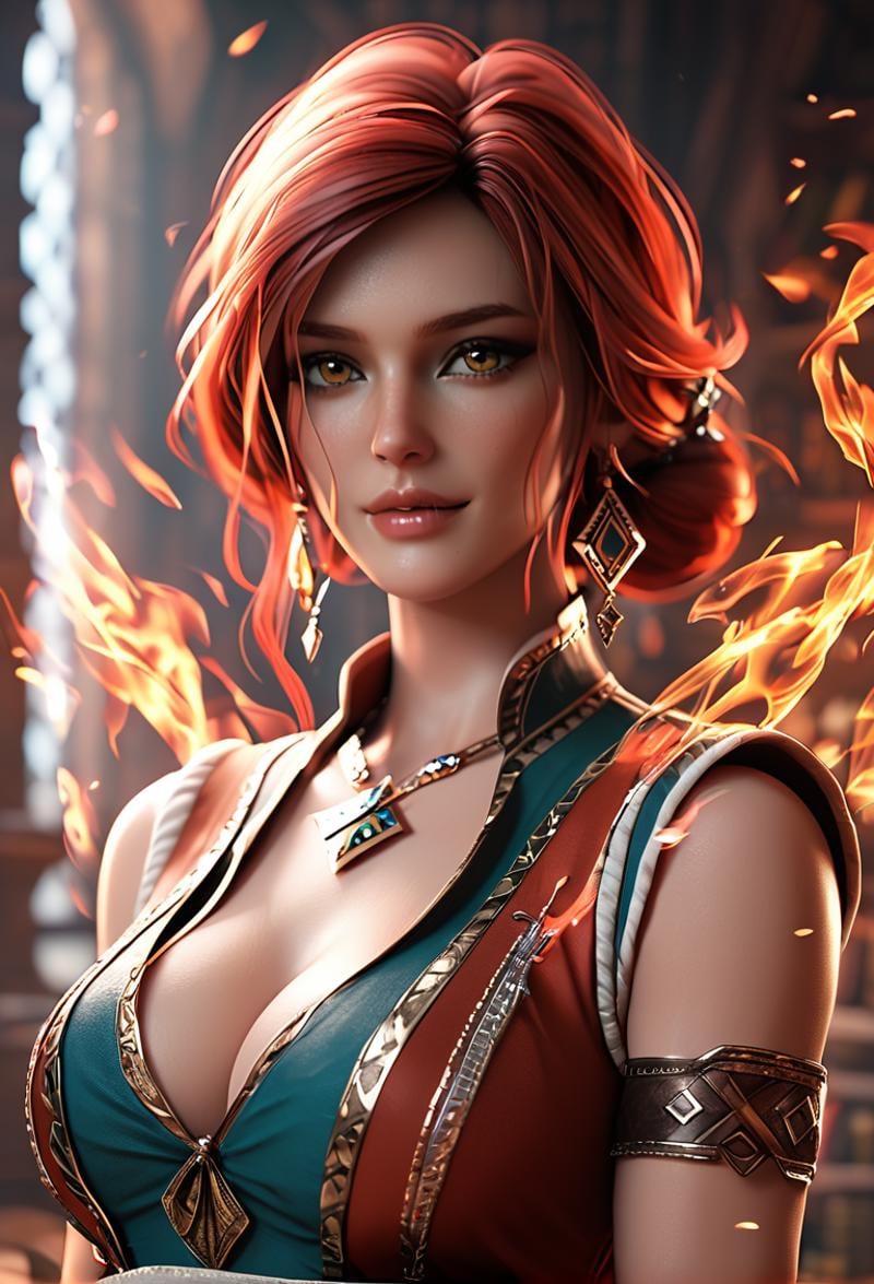 score_9, score_8_up, score_7_up, A scene in the depths of an ancient library, where Triss Merigold from "The Witcher" series is engrossed in magical tomes. Her fiery red hair and vibrant attire contrast with the dusty tomes, as she casts a spell, illuminating the dark room with a warm glow, her charm as enchanting as her magic.