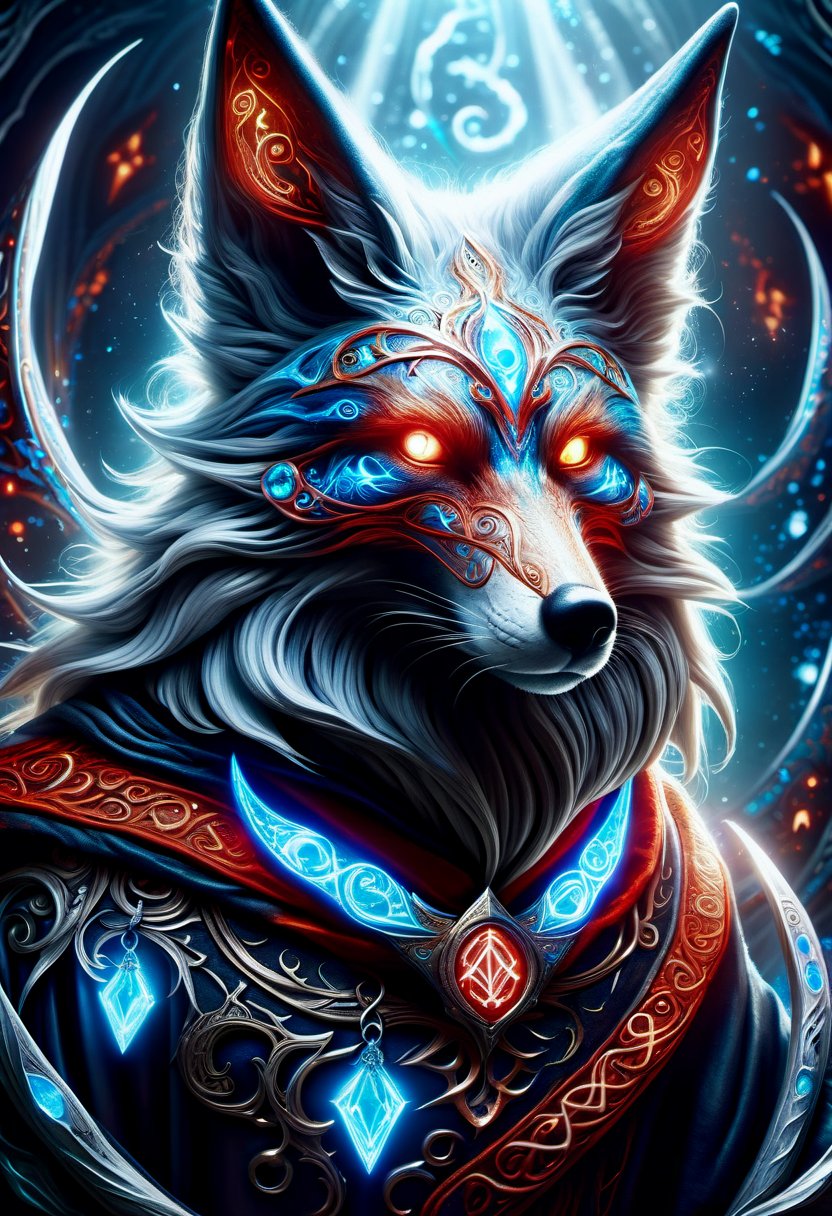 hyper detailed masterpiece,DonMMy51ic4lXL, dementor, fox spirit,fox with multiple tails, power, magical enchanting aura,supernatural alluring eyes white and red, intelligence, trickery,wisdom, supernatural feats  , runes <lora:DonMMy51ic4lXL-v1.1-000006:0.8>