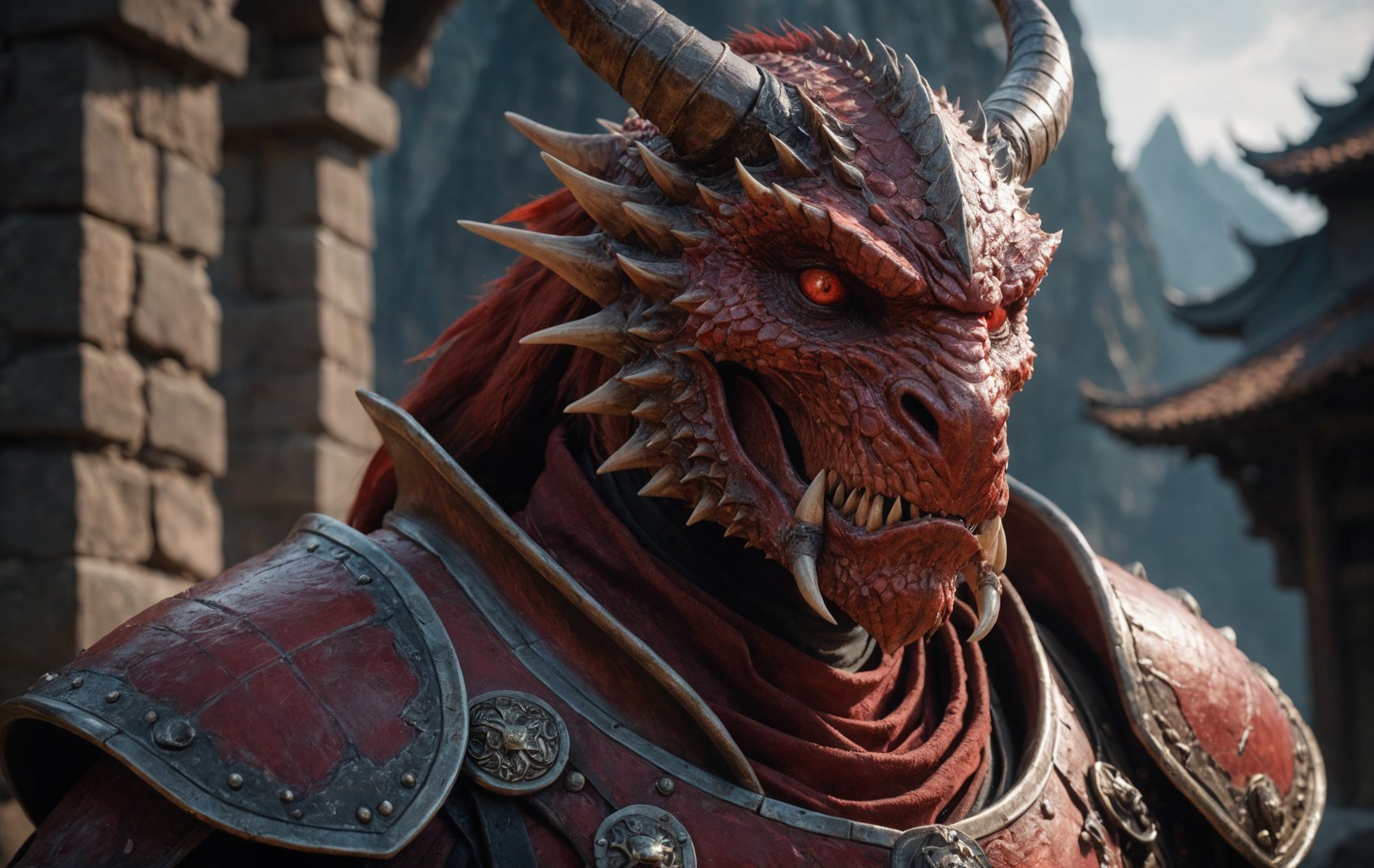 cinematic film still, close up, photo of a red Dragonborn, in the style of hyper-realistic d&d, full plate,  sony fe 12-24mm f/2.8 gm, close up, 32k uhd, light navy and light amber, kushan empire, amazing quality, wallpaper, analog film grain <lora:aesthetic_anime_v1s:0.5> <lora:add-detail-xl:1.1>