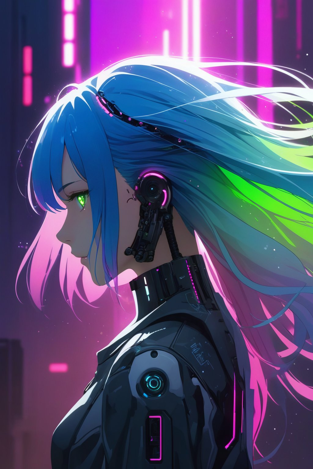 blue hair, pink hair, gradient hair, green eyes, purple eyes, gradient eyes, from side, profile picture, cyberpunk background, robotic, hair flowing over, volumetric lighting, light particles, sparkling eyes, dystopian, colorful