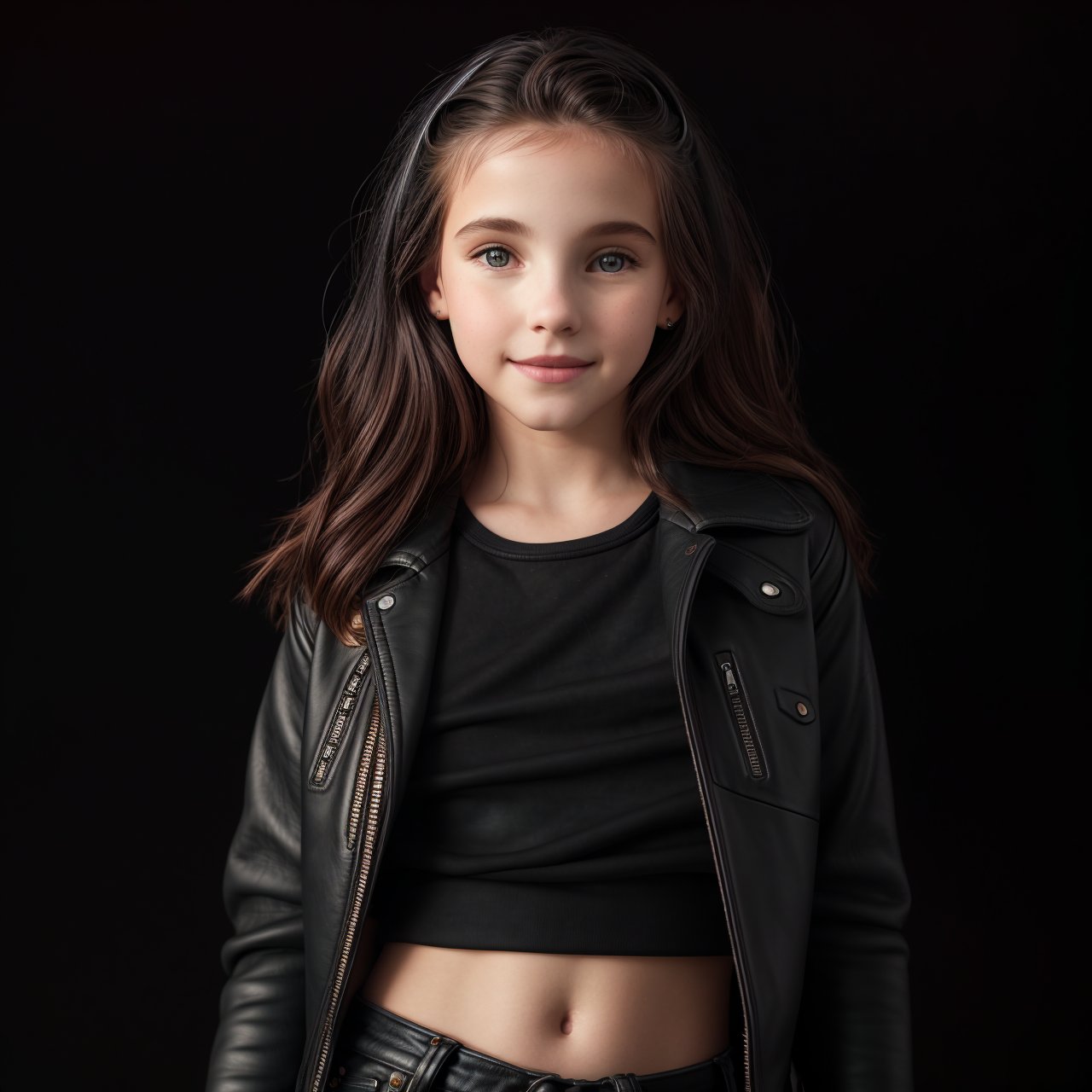 extra resolution, view from above, full body portrait of beautiful (AIDA_LoRA_arusso:1.09) <lora:AIDA_LoRA_arusso:0.68> as little girl in a leather jacket, pretty face, naughty, funny, happy, playful, intimate, flirting with camera, hyper realistic, studio photo, studio photo, kkw-ph1, hdr, f1.8, (colorful:1.1), (black background:1.5)