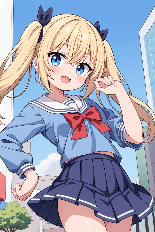 insanely detailed, absurdres, ultra-highres, ultra-detailed, best quality,1girl, solo, nice hands, perfect hands,BREAK(wearing sailor school uniform, dark blue pleated skirt, white shirt),(;3, smug, open mouth:1.3), fangsBREAKstanding, hand on own face, 45 angle,from below, cowboy shot, looking at viewer, tilt headBREAKslender, kawaii, perfect symmetrical face, ultra cute girl, ultra cute face, ultra detailed eyes, ultra detailed hair, ultra cute, ultra beautifulBREAKin harajuku, shibuya, tokyo, street, crowd, cityscape,small breastsBREAK(gold blonde) hair, (short:1.3) twintails, blue eyes, blue hair ribbon, hair between eyes