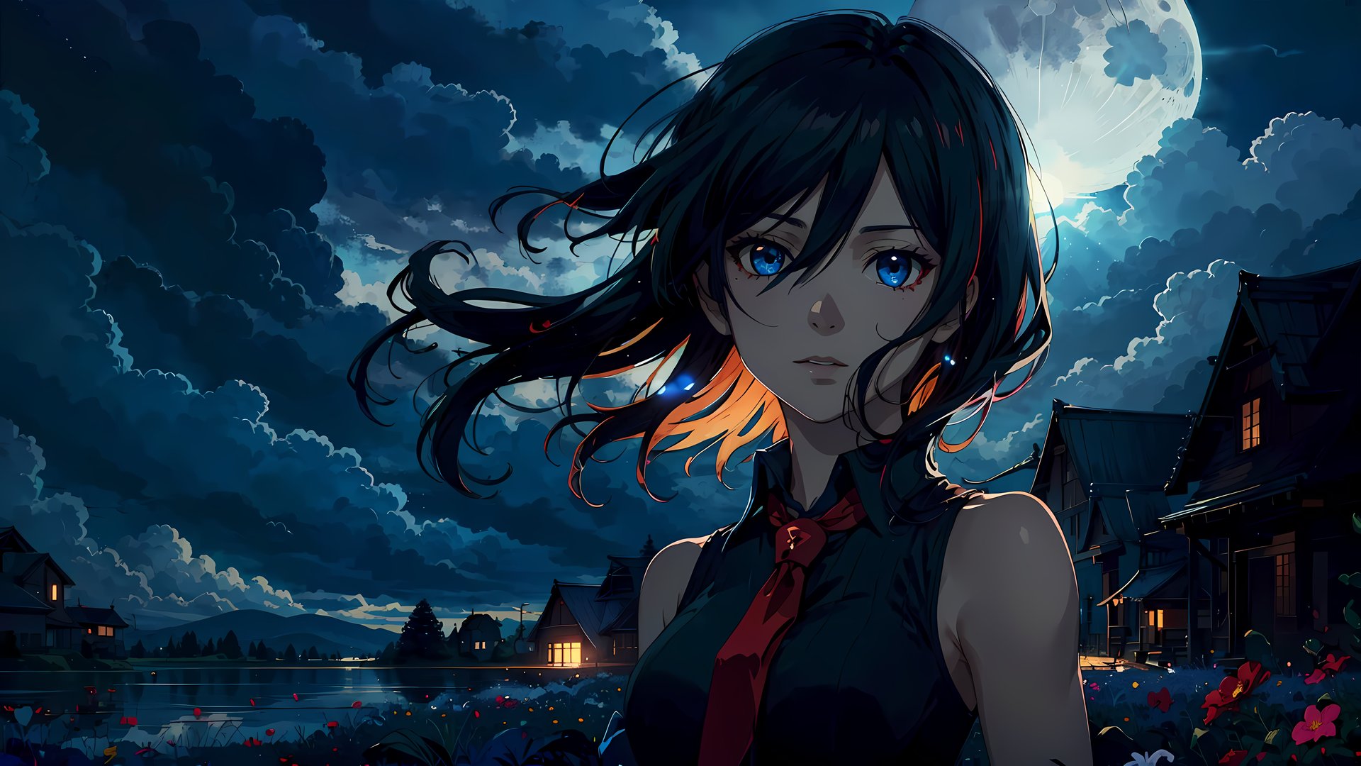 akame, \(akame ga kill!\), highres, highest quallity, illustration, cinematic light, ultra detailed, (detailed face), (detailed eyes), best quality, hyper detailed, masterpiece, 1girl, solo, black hair, long hair, black collared shirt, red necktie, sleeveless, skirt, luminous eyes, medium breasts, backlighting, light rays, (high contrast), (colorful), cowboy shot, sky, moon, clouds, night, flowers, field , distant village, lake  <lora:agk_akame-10:0.55>