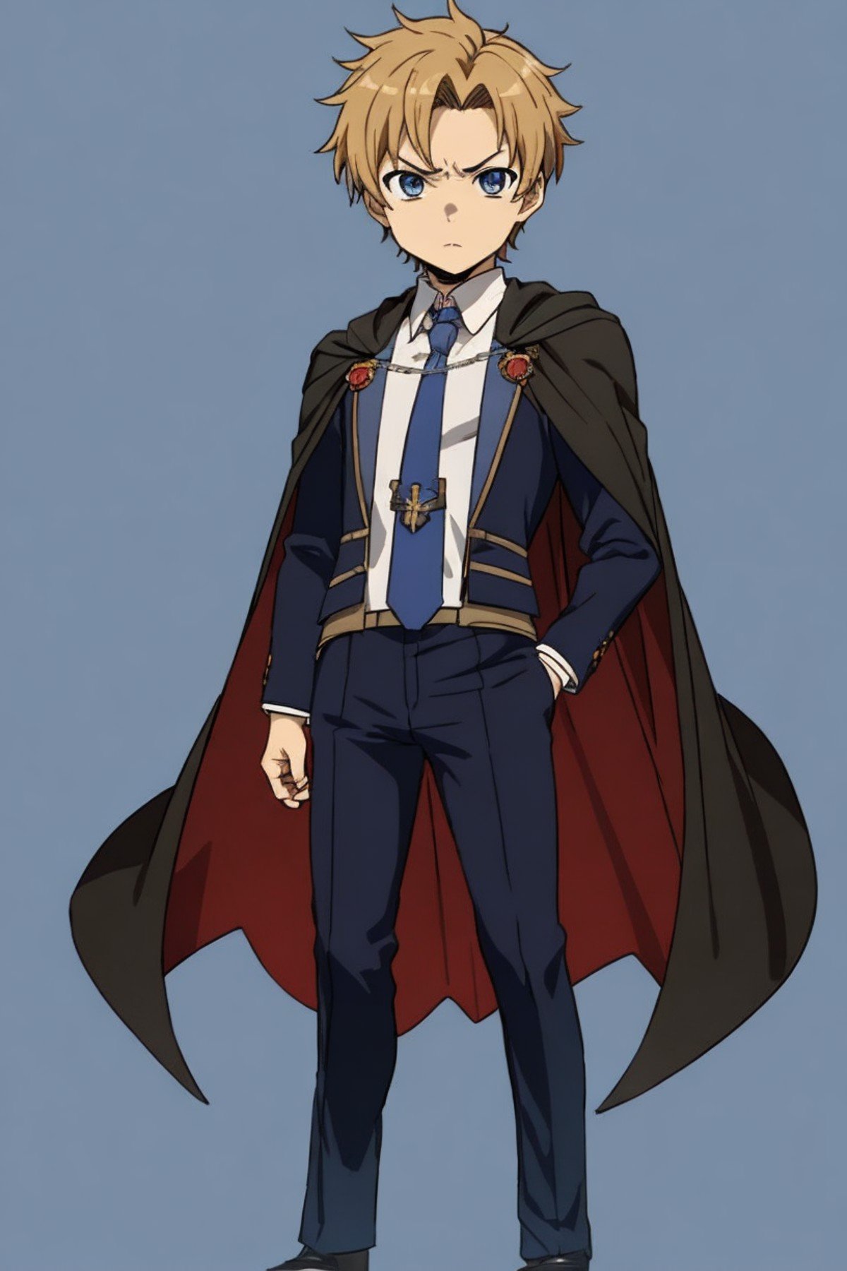masterpiece, chibi, full body, 1boy, solo, mature male, serious, toshirop5t, suit, shirt, necktie, short hair, cape, hero pose, rudeus, blue background, Negative prompt: (worst quality, low quality, extra digits:1.4),negative_hand-neg, EasyNegativeV2,   Steps: 25, Sampler: DPM++ 2M SDE Karras, CFG scale: 7.5, Seed: 791256784, Size: 512x768, Model: seizamix_v2, Clip skip: 1,