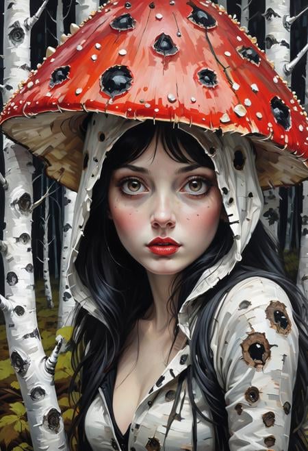 super closeup portrait,majestic animal, Create an evocative scene in the style of Jim Salvati with a photograph capturing the essence of a fly agaric figure in a haunting birch forest. The figure, shrouded in mystery, attempts to conceal itself behind a birch tree, casting furtive glances towards the viewer. Emphasize the stark contrast of the black-and-white birch bark, infusing the image with a sense of darkness, enchantment, and post-apocalyptic allure.<lora:WildcardX-XL-Detail-Enhancer:1>