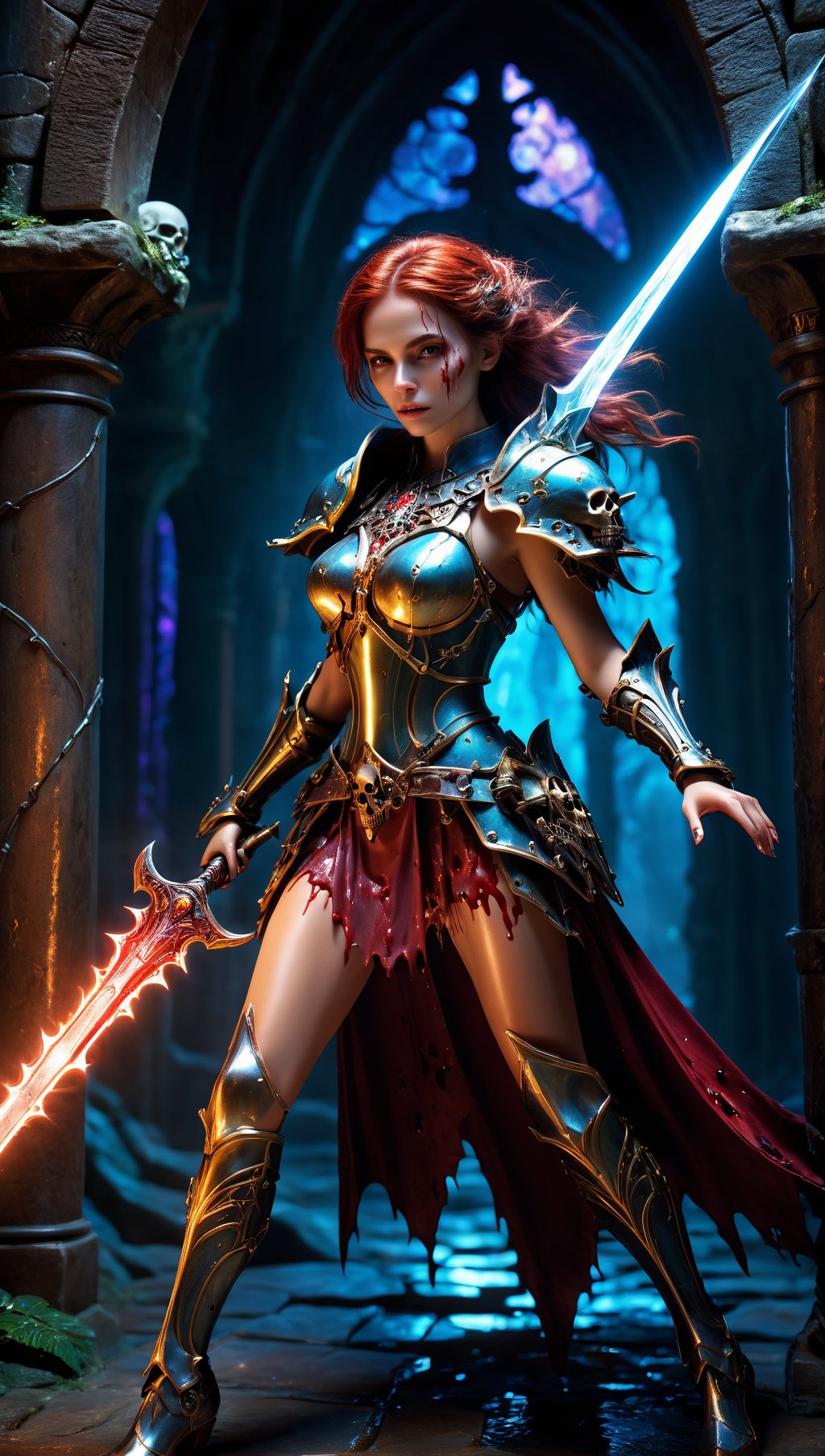 Full body shot,(photorealistic, realistic),masterpiece,absurdres,highres,high quality,ultra detailed,beautiful and aesthetic,horror (theme),1 woman,dynamic pose,shiny skin,lovely face,(holding weapon),enchanted armor,ancient,intricate details,expressive drips,(energetic movement),(sense of depth),glowing aura,in the depths of a gloomy dungeon,illuminated by divine light,(perfect lighting),(mysterious scenery),magical lighting,skull,blood,blood splatter,