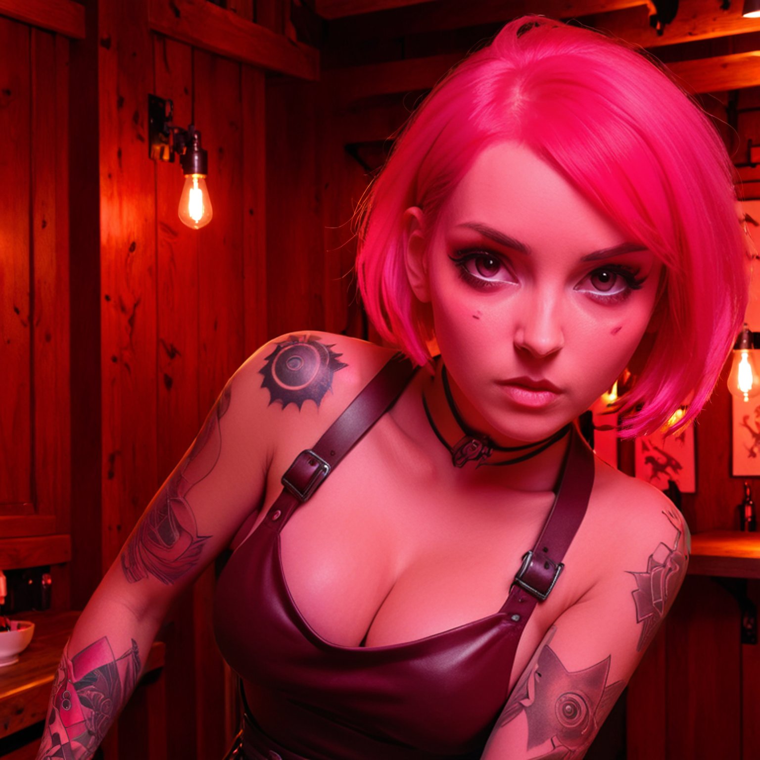 Dreamscape 1girl, pretty, eyes on camera, looking at viewer, prosthetic arms, pink hair, cleavage, blush, leather apron, focused, wooden room, tattoos, futurism, Dark Red hue, highly dramatic lighting, scars, <lora:looking_at_viewer:1>, <lora:hand 4:1> . Surreal, ethereal, dreamy, mysterious, fantasy, highly detailed