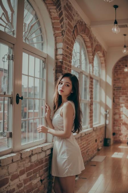 1girl, (cute Ethereal Female:1.2), (22 years old:1.3), (film grain:1.2), (bottomless:1.2), (Large windows, natural light, brick walls)