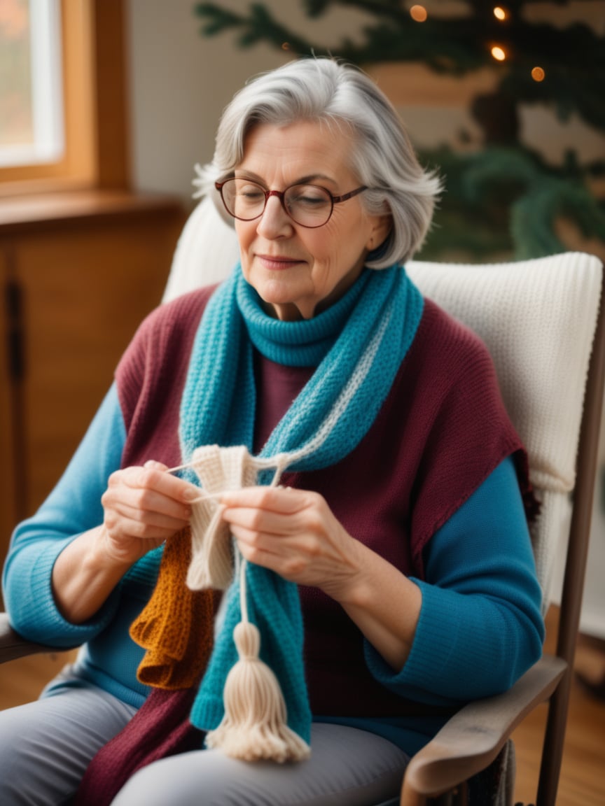 A grandmother with gray hair sits in a rocking chair, knitting a scarf. She is wearing a warm shawl and a pair of glasses, her face peaceful and serene.
