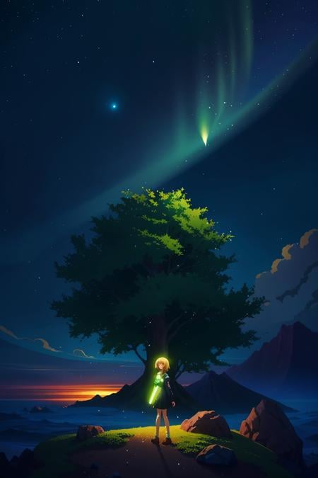 1girl,  anime key visual,  landscape of a Dumb The Island of Circe, Stars in the sky, Simple illustration, Relieving, cinematic lighting, Lime green and electric color dust particles, deep green flakes