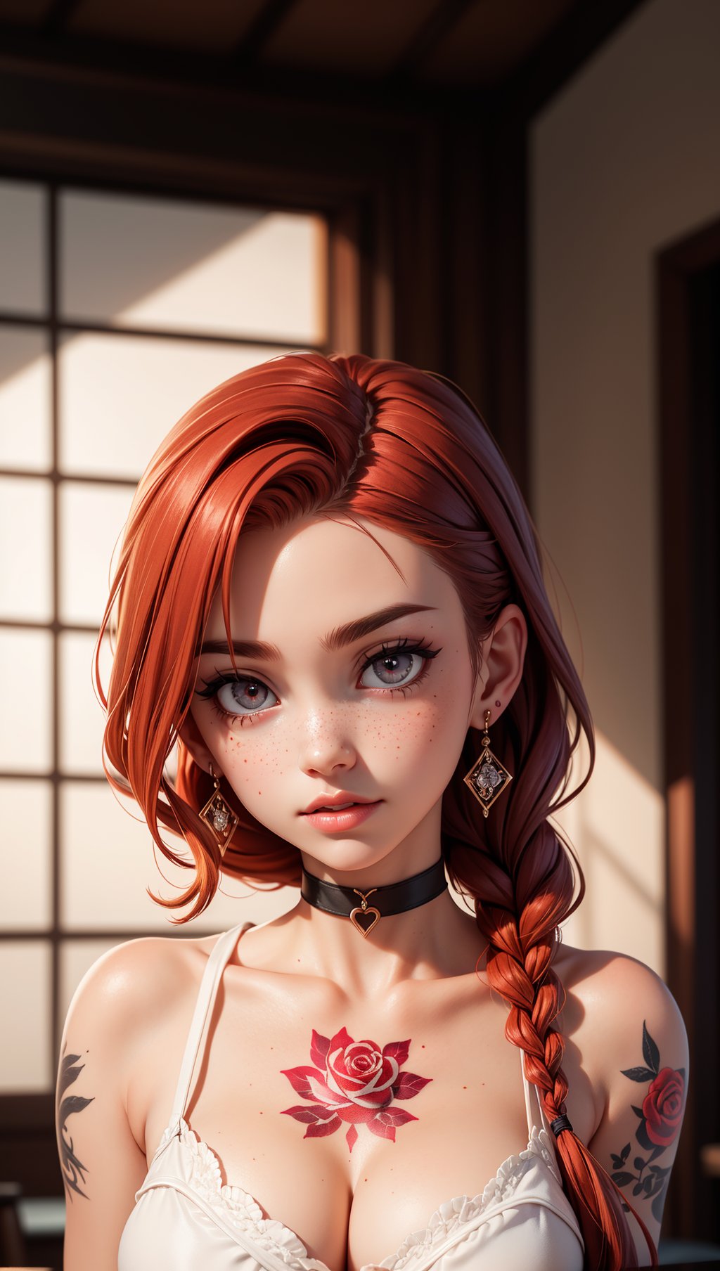 SFW,highest quality,woman,27 year old,backlighting,black choker,blurry background,blush,closed mouth,collarbone,earrings,forehead,freckles,hair over shoulder,jewelry,long hair,looking down,pointy nose,lips glossy,shadow,solo,thick eyebrows,thick eyelashes,upper body,red hair,braids,tattoos,tattoos on arms,black rose tattoos on neck,sun beams,warm light,cozy,((masterpiece)),