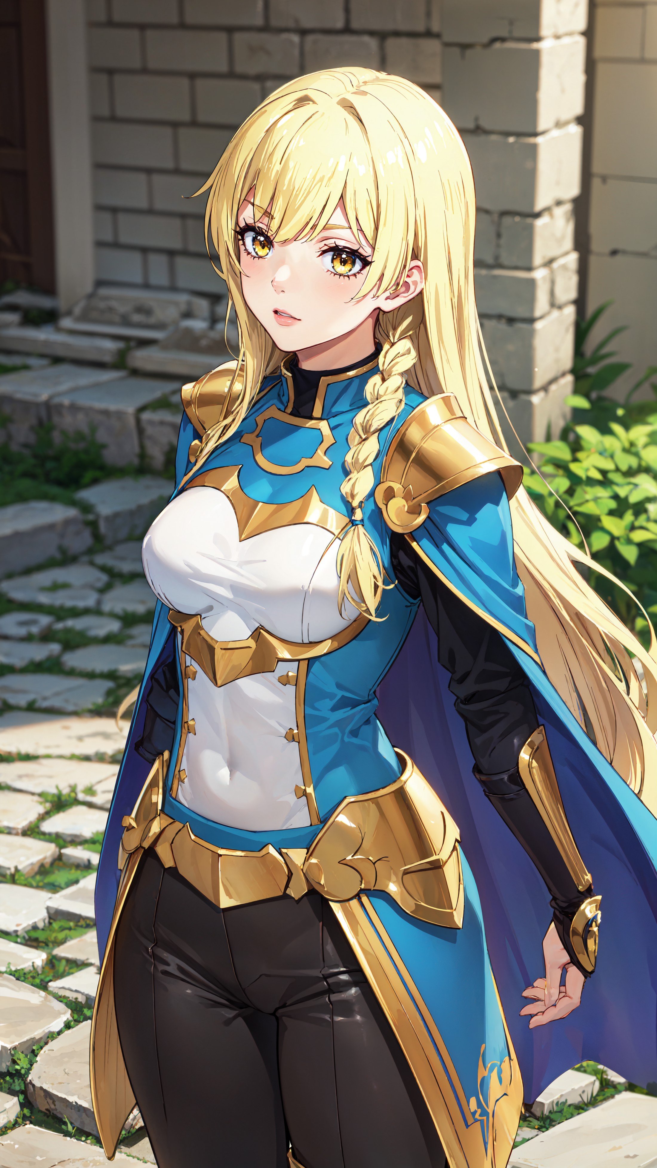 photorealistic, (4k), depth of field, (Masterpiece), (realistic skin texture), extremely detailed, intricate, hyper detailed, professional photography, bokeh, high resolution, sharp detail, best quality, girl, long hair, blonde hair, yellow eyes, braid, blue and white outfit, gold shoulder pads, blue cape, black pants, <lora:GoodHands-vanilla:0.4>, <lora:detail_slider_v4:0.8> , dynamic pose, (leaning forward),  <lora:Balirossa-000004:0.7>, fantasy city, medieval, cobblestone bath,