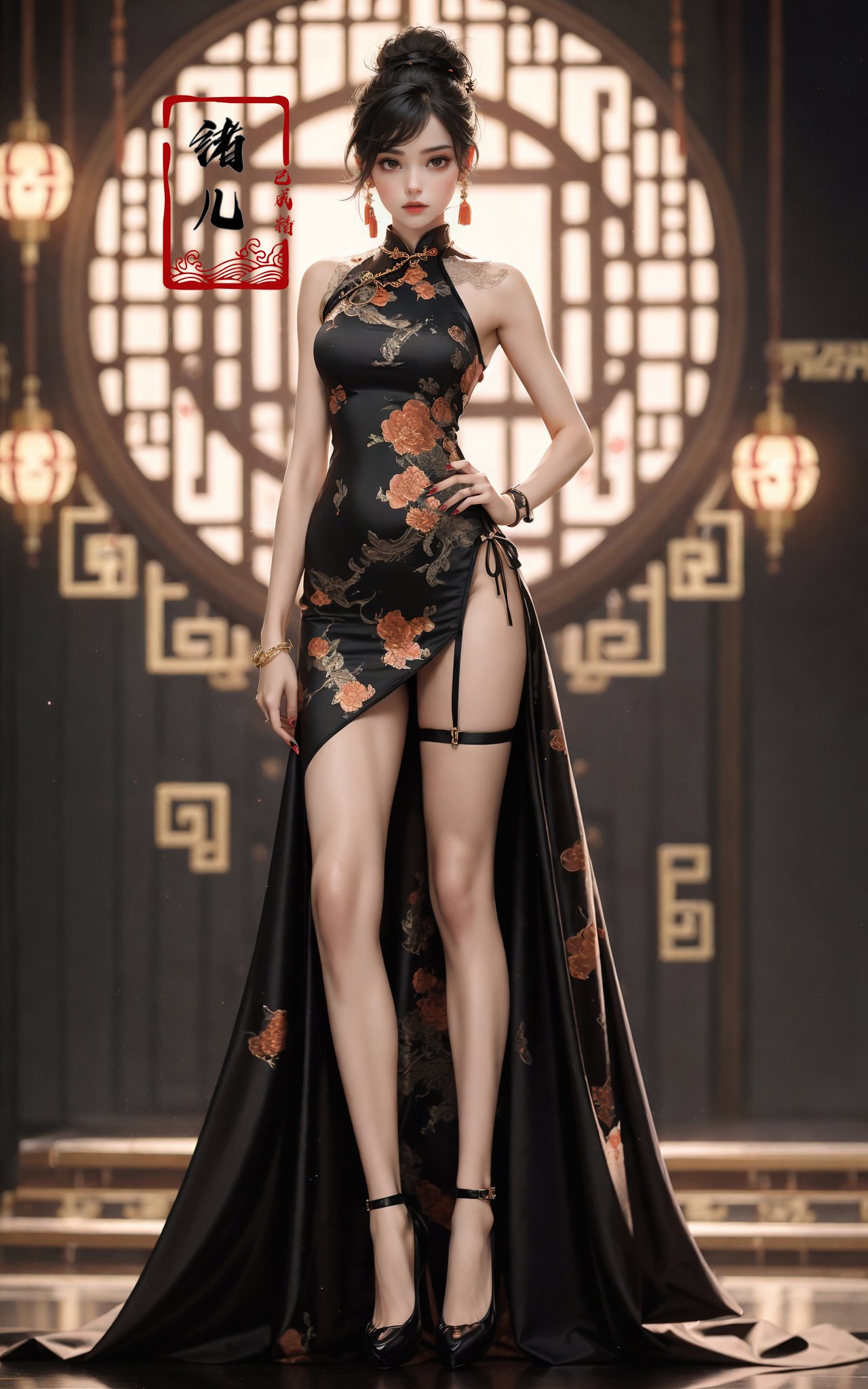 Black background,Fashion cheongsam，nail polish，lace trim，gradient，contrapposto，orange long dress，lace，red lips， (full body:1.0), fishnets，<lora:Fashion cheongsam_20231207093219:0.7>